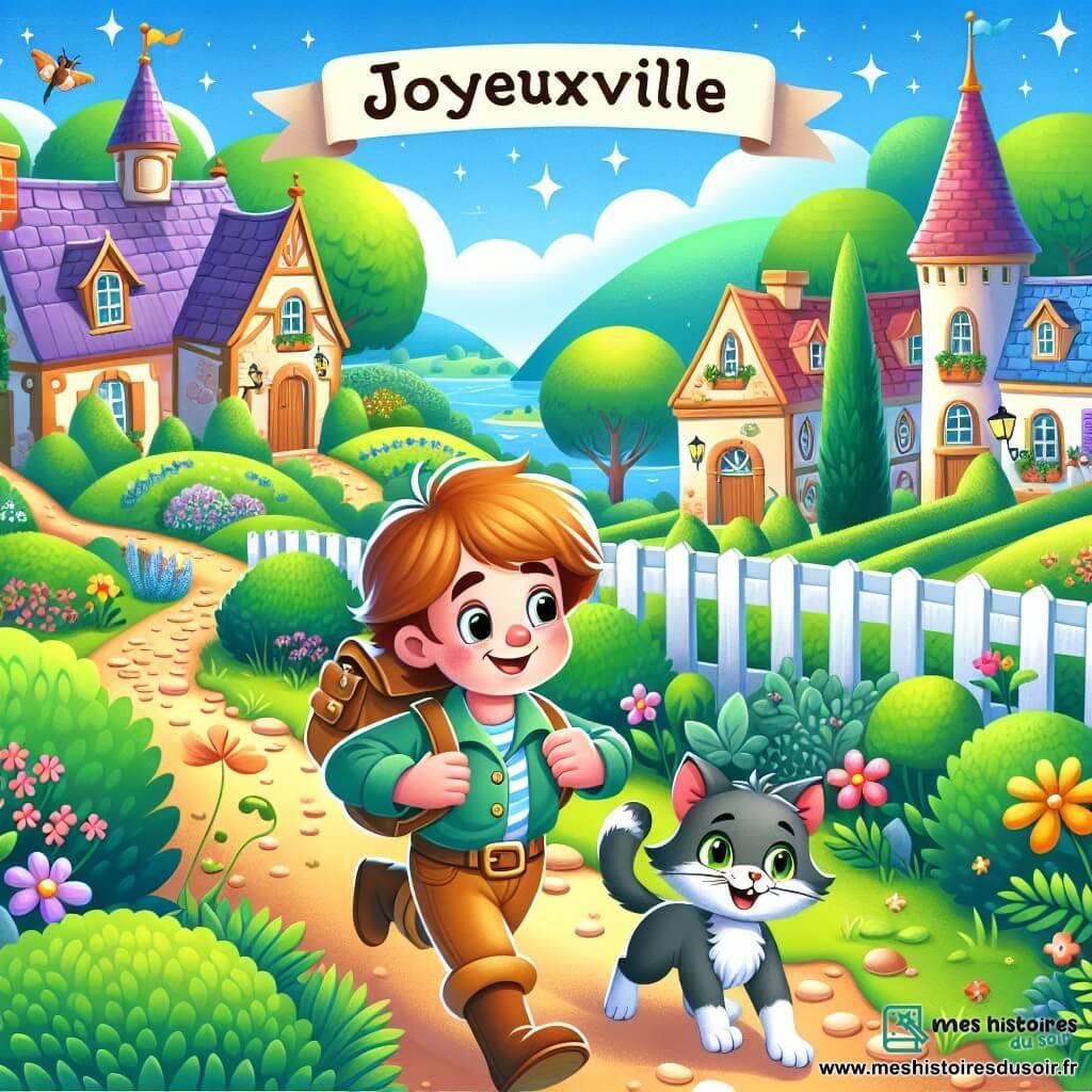 Une illustration destinée aux enfants représentant un jeune garçon curieux et intrépide, embarqué dans une aventure captivante, accompagné de son fidèle chat, à la recherche d'un mystérieux jouet disparu dans une charmante petite ville aux maisons colorées et au jardin verdoyant de Joyeuxville.