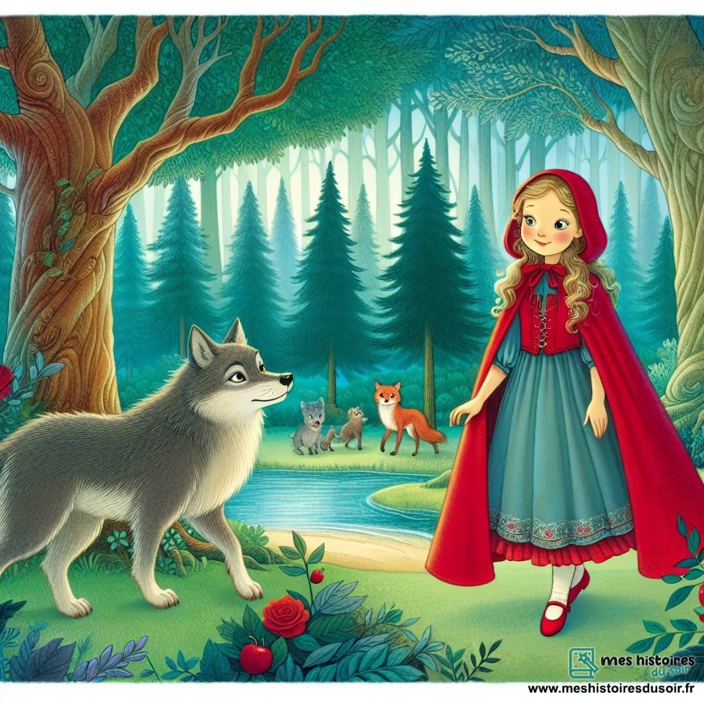 Une illustration destinée aux enfants représentant une jeune fille vêtue d'une cape rouge, se promenant dans une forêt enchantée aux arbres majestueux et aux animaux parlants, accompagnée d'un Loup bienveillant aux yeux doux, évoluant près d'une rivière aux eaux cristallines, dans un décor empreint de magie et de mystère.