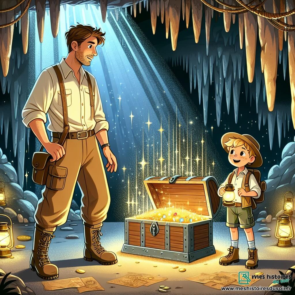 Illustration d'une grande salle mystérieuse dans une grotte, avec des murs en pierre scintillante et des stalactites. Au centre, un coffre en bois ancien ouvert révèle des bijoux et des pièces d'or brillants. Le personnage principal, un homme d'une trentaine d'années avec des cheveux bruns en désordre et une légère barbe, porte une chemise en toile, un pantalon robuste et des bottes de randonnée. Il est debout, émerveillé, les mains sur le coffre. À ses côtés, un jeune garçon d'environ 10 ans, blond avec des taches de rousseur, porte un gilet de randonnée et un chapeau de paille. Il sourit en tenant une lampe qui éclaire la scène. La découverte du trésor crée une atmosphère de magie et d'excitation, avec des ombres dansantes sur les murs, des cartes anciennes autour du coffre et des outils d'exploration comme une boussole et une corde, renforçant l'ambiance d'aventure.