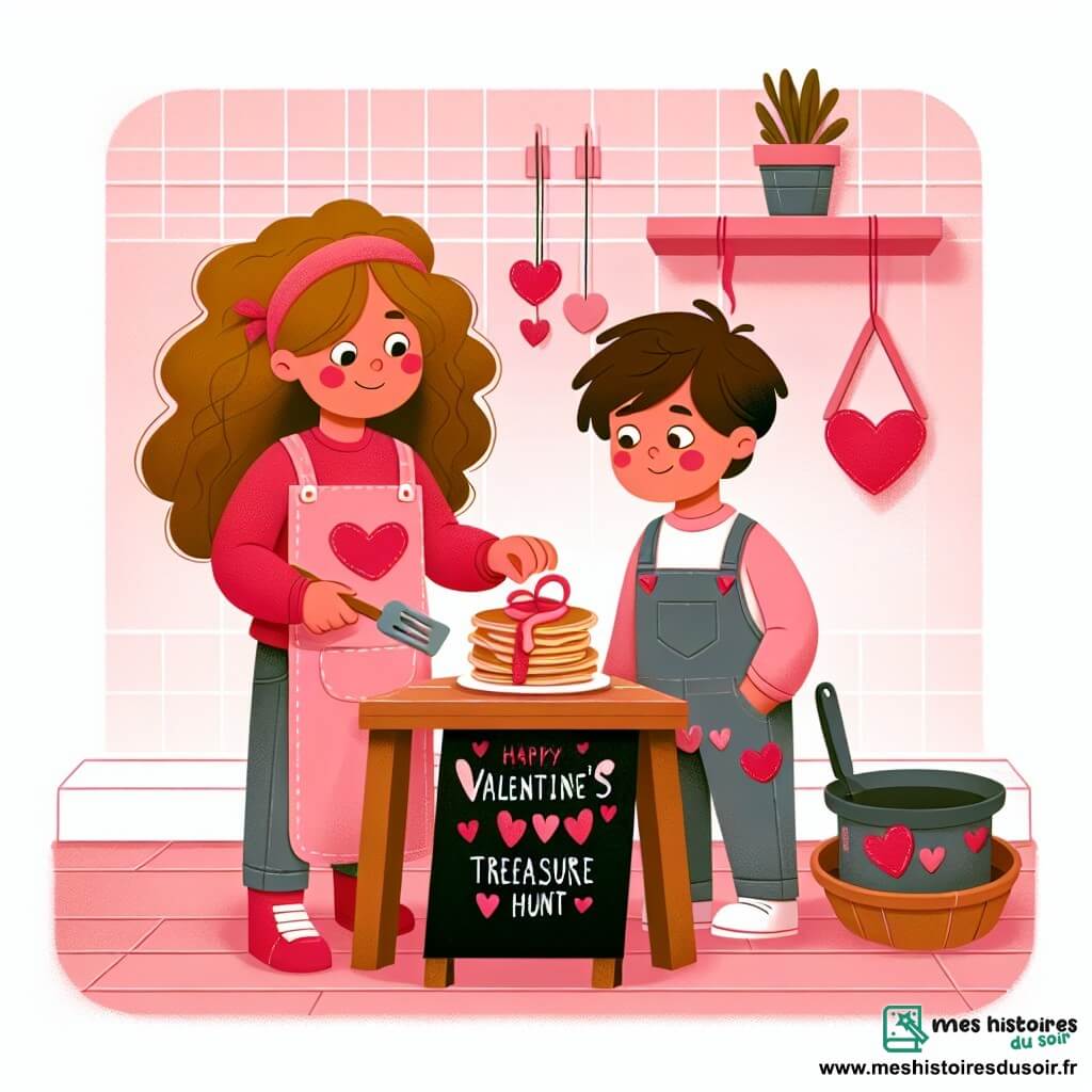 Une illustration destinée aux enfants représentant une fillette aux cheveux bouclés, préparant une chasse au trésor de la Saint-Valentin avec l'aide de son petit frère, dans une maison aux tuiles roses et aux crêpes en forme de cœur.