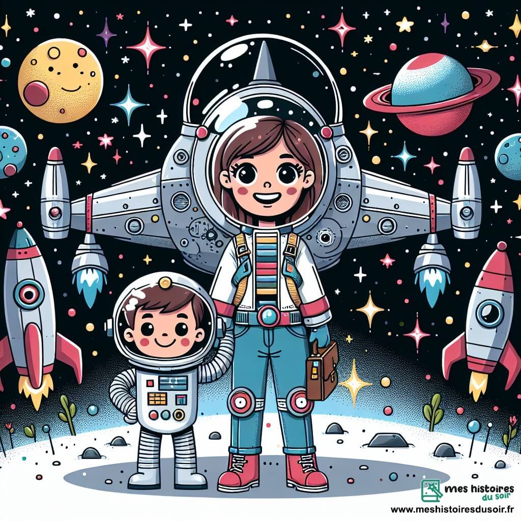 Une illustration destinée aux enfants représentant une astronaute intrépide, se tenant debout devant son vaisseau spatial, accompagnée d'un robot souriant, dans un paysage intergalactique rempli d'étoiles scintillantes et de planètes colorées.