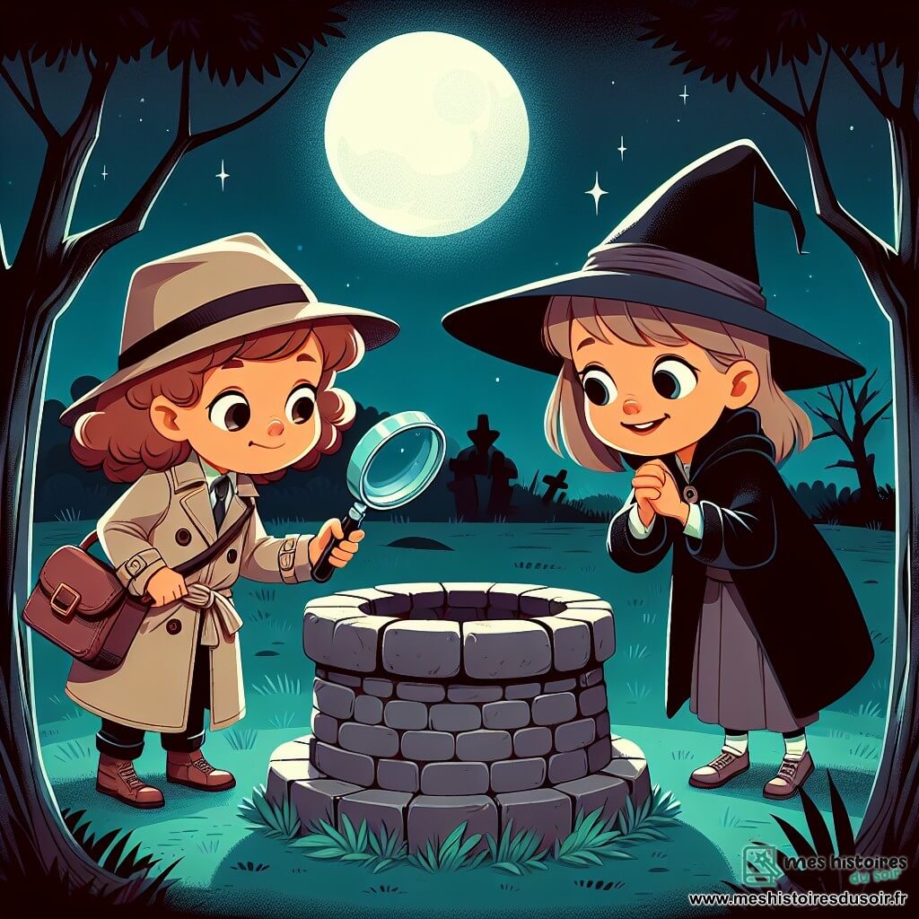 Une illustration sous forme de dessin destinée aux enfants représentant une clairière baignée de lumière lunaire, avec un vieux puits de pierre au centre, où une fille de 11 ans aux cheveux châtains et bouclés, portant un pardessus de détective et tenant une loupe en plastique, scrute l'intérieur du puits avec curiosité, tandis qu'à ses côtés, sa meilleure amie, une fille aux cheveux blonds et lisses vêtue d'une cape noire de sorcière, l'encourage avec un sourire pétillant, capturant l'instant où elles découvrent un trésor caché lors d'une chasse aux bonbons d'Halloween.