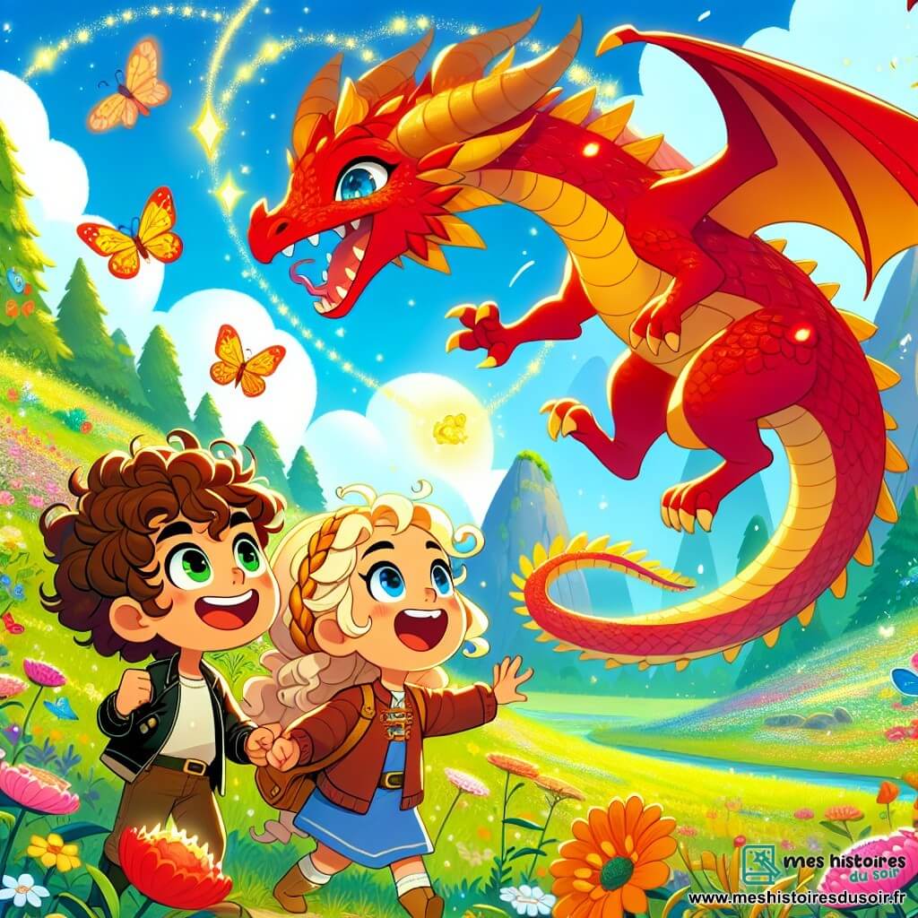 Une illustration sous forme de dessin destinée aux enfants représentant une vallée magique aux couleurs éclatantes, où un grand dragon rouge aux écailles brillantes et aux yeux rubis danse joyeusement dans les airs, tandis qu'un garçon aux cheveux bouclés et une fille aux tresses dorées, tous deux souriants et pleins d'enthousiasme, l'observent avec émerveillement, entourés de fleurs colorées et de papillons virevoltants, capturant ainsi un moment de camaraderie et d'aventure dans leur quête pour récupérer la pierre précieuse volée par un dragon noir.