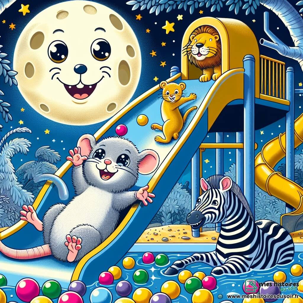 Une illustration sous forme de dessin destinée aux enfants représentant un zoo coloré sous la pleine lune, où un petit rat gris aux yeux pétillants et à la moustache frétillante glisse joyeusement sur un toboggan géant, entouré de ses amis : un lion au pelage doré riant aux éclats et une zèbre aux rayures noires et blanches qui s'apprête à plonger dans une piscine à balles multicolores, tandis qu'un singe espiègle observe la scène en balançant d'une branche à l'autre, le tout baigné dans une ambiance de joie et d'aventure nocturne.