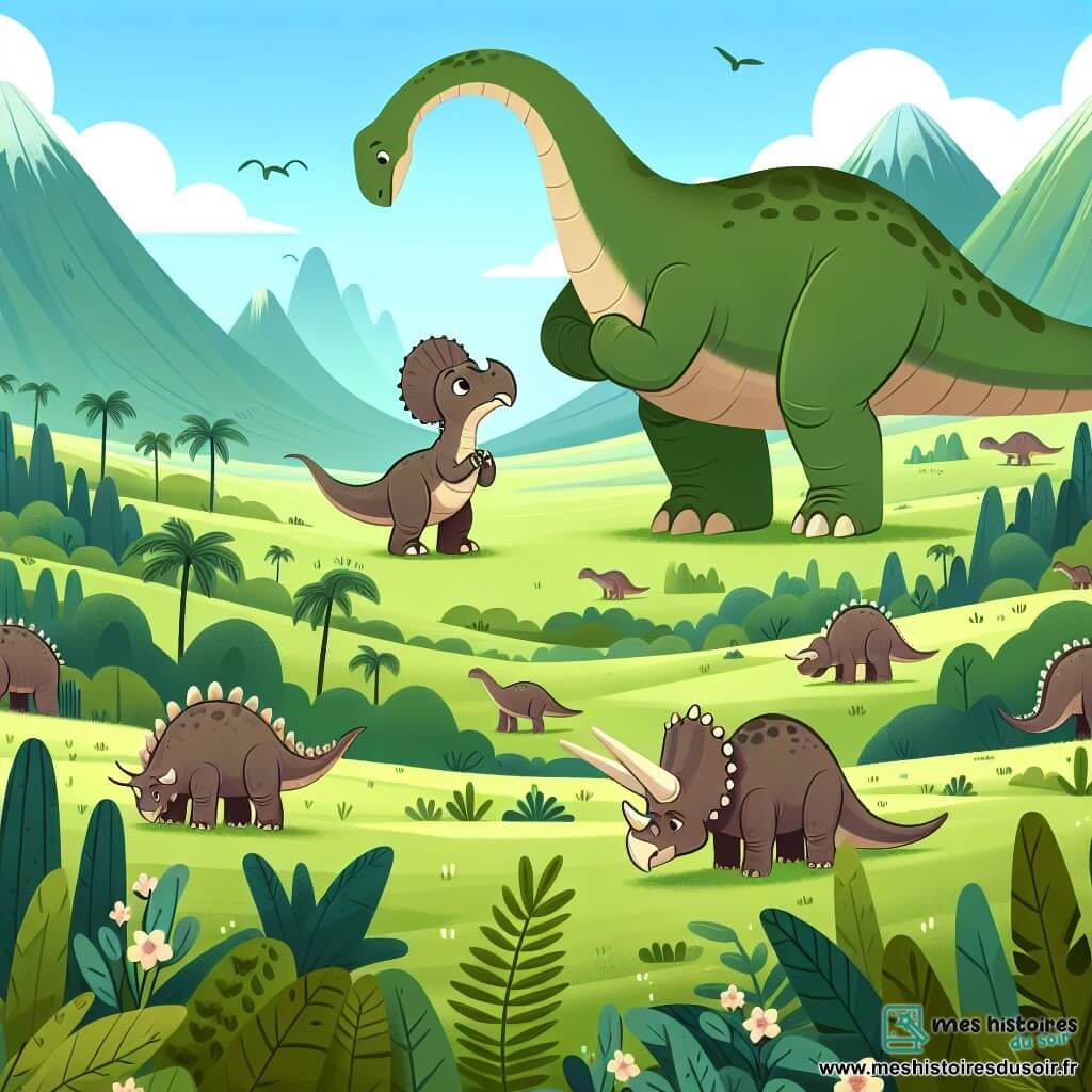 Une illustration destinée aux enfants représentant un jeune diplodocus courageux découvrant un tricératops en détresse dans une vallée luxuriante et verdoyante peuplée de dinosaures majestueux.