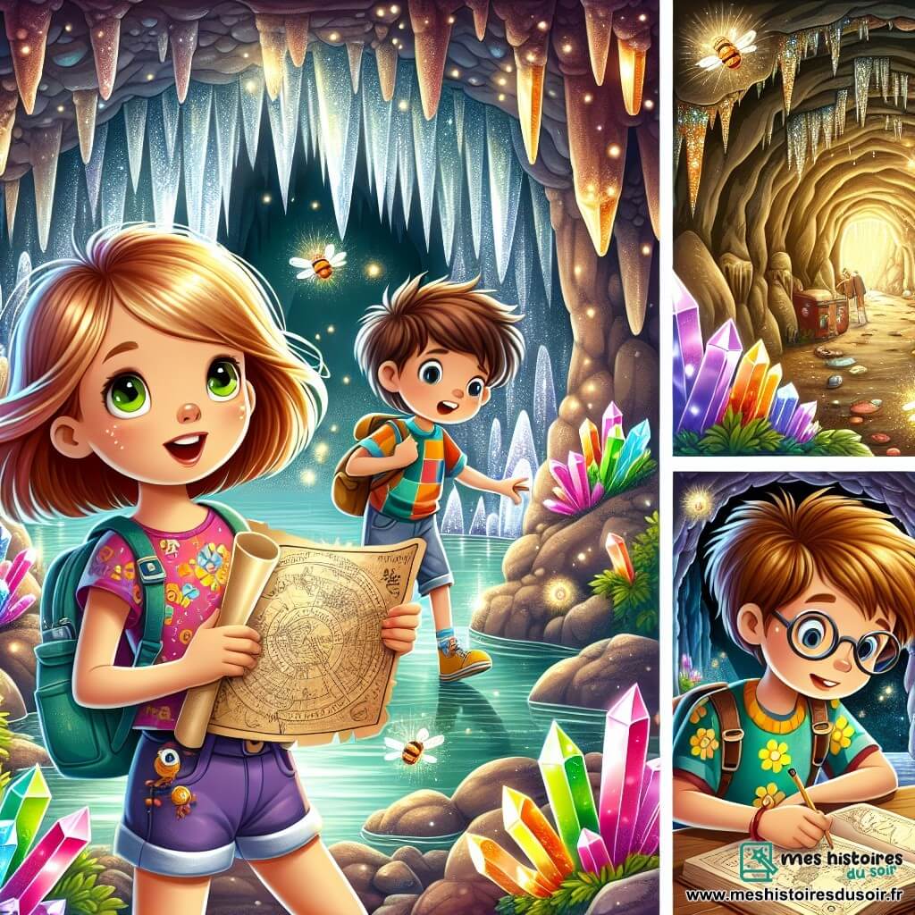 Illustration d'une grotte enchantée avec des stalactites scintillantes et des cristaux colorés illuminant les parois. Au fond, une rivière souterraine serpente doucement, tandis que des lucioles dansent dans l'air, créant une atmosphère magique. Au premier plan, une fille de 9 ans, cheveux blonds et yeux pétillants, tient une carte ancienne. Elle porte un t-shirt coloré et un short, avec un petit sac à dos. Son visage exprime excitation et émerveillement. À ses côtés, un garçon de 10 ans avec des cheveux bruns en bataille et des lunettes examine un cristal, et une fille de 9 ans avec des cheveux châtains et une robe à fleurs dessine la scène dans son carnet. Les trois aventuriers découvrent un trésor caché dans la grotte, entourés de merveilles scintillantes. Un coffre ancien contient des bijoux étincelants et des livres d'histoires, tandis qu'un petit gnome au chapeau pointu les observe avec bienveillance. La scène évoque l'amitié, l'aventure et la magie de la découverte.