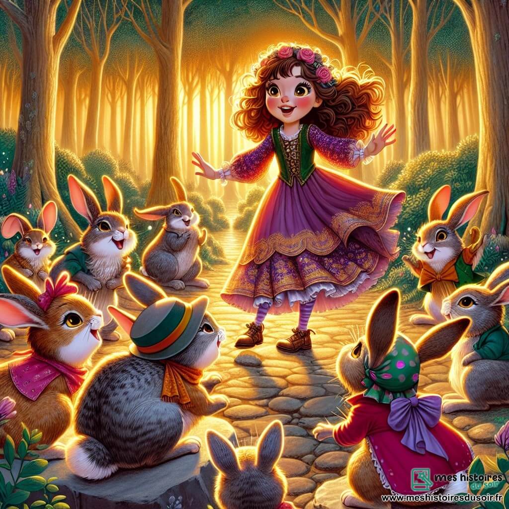 Une illustration sous forme de dessin destinée aux enfants représentant une forêt enchantée baignée de lumière dorée au coucher du soleil, où une fille de 11 ans aux cheveux châtains bouclés et aux yeux pétillants, vêtue d'une robe colorée, danse joyeusement avec un groupe de lapins aux grandes oreilles portant des chapeaux colorés, tandis qu'un chat gris aux yeux verts, assis sur une pierre, les observe avec un sourire malicieux, capturant l'instant magique d'un concours de blagues où les rires résonnent à travers les arbres.