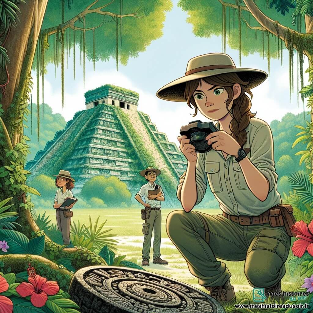 Illustration d'une scène dans une jungle dense du Guatemala, avec des arbres majestueux aux feuilles vertes et des fleurs colorées comme des hibiscus rouges et des orchidées violettes. Au centre, une pyramide maya partiellement recouverte de lianes témoigne d'un passé mystérieux. L'archéologue, une femme d'une trentaine d'années avec des cheveux bruns en queue de cheval, porte un chapeau de paille et une chemise légère. Elle examine un disque en pierre orné de motifs anciens. À ses côtés, un jeune homme avec des lunettes prend des notes et une femme aux cheveux bouclés photographie l'artefact. Tous expriment émerveillement et curiosité. La scène évoque une ambiance d'exploration, avec des outils de fouille éparpillés et des rayons de soleil illuminant le tout.