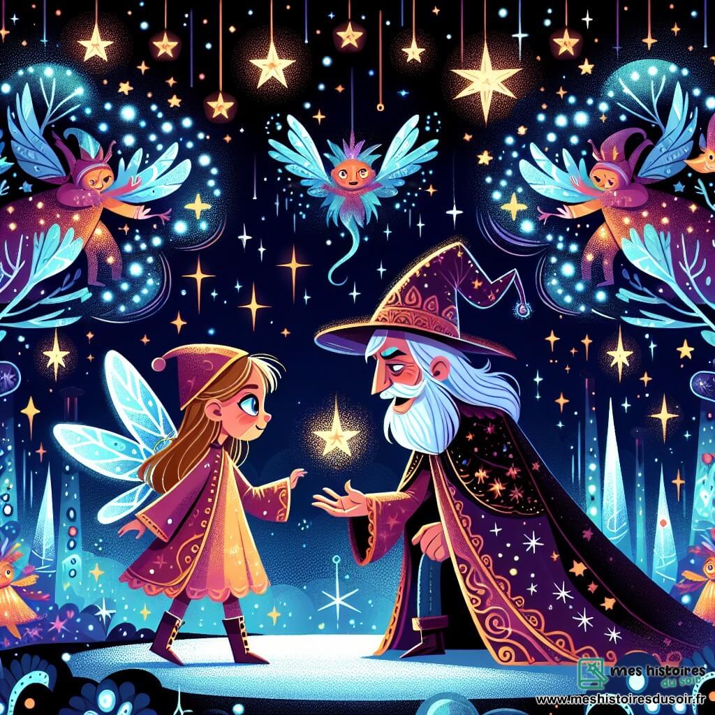 Une illustration destinée aux enfants représentant une exploratrice de l'espace, confrontée à un sorcier maléfique, dans un royaume des étoiles scintillant d'arbres lumineux et de créatures mystiques aux ailes chatoyantes.