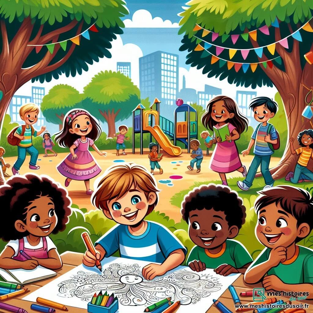 Illustration destinée aux enfants représentant une cour d'école animée, entourée de grands arbres aux feuilles vertes éclatantes et de jeux colorés, où un groupe d'enfants de 11 ans se rassemble. Au centre, un garçon aux cheveux bruns et aux yeux pétillants, portant un t-shirt bleu, dessine avec enthousiasme sur une grande feuille de papier, tandis qu'une fille aux cheveux bouclés et à la peau claire, vêtue d'une robe rose, l'encourage avec un sourire chaleureux. À côté d'eux, un garçon à la peau foncée et aux cheveux crépus, habillé d'un t-shirt vert, observe avec admiration, tenant un livre sur la diversité. L'atmosphère est joyeuse et pleine d'énergie, illustrant leur détermination à célébrer l'amitié et le respect entre les cultures, avec des affiches colorées sur la tolérance accrochées autour d'eux.