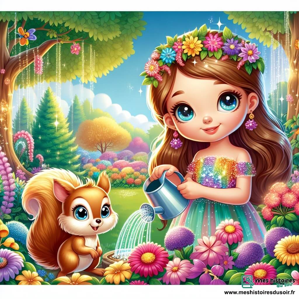 Une illustration sous forme de dessin destinée aux enfants représentant un jardin enchanté, rempli de fleurs colorées et d'arbres majestueux, où une jeune fille aux yeux brillants et au sourire éclatant, vêtue d'une robe faite de pétales scintillants, arrose avec tendresse les plantes, tandis qu'un petit écureuil au pelage doré, curieux et malicieux, l'observe avec un air amical, symbolisant l'harmonie entre la nature et la magie, dans un moment de joie et de partage.