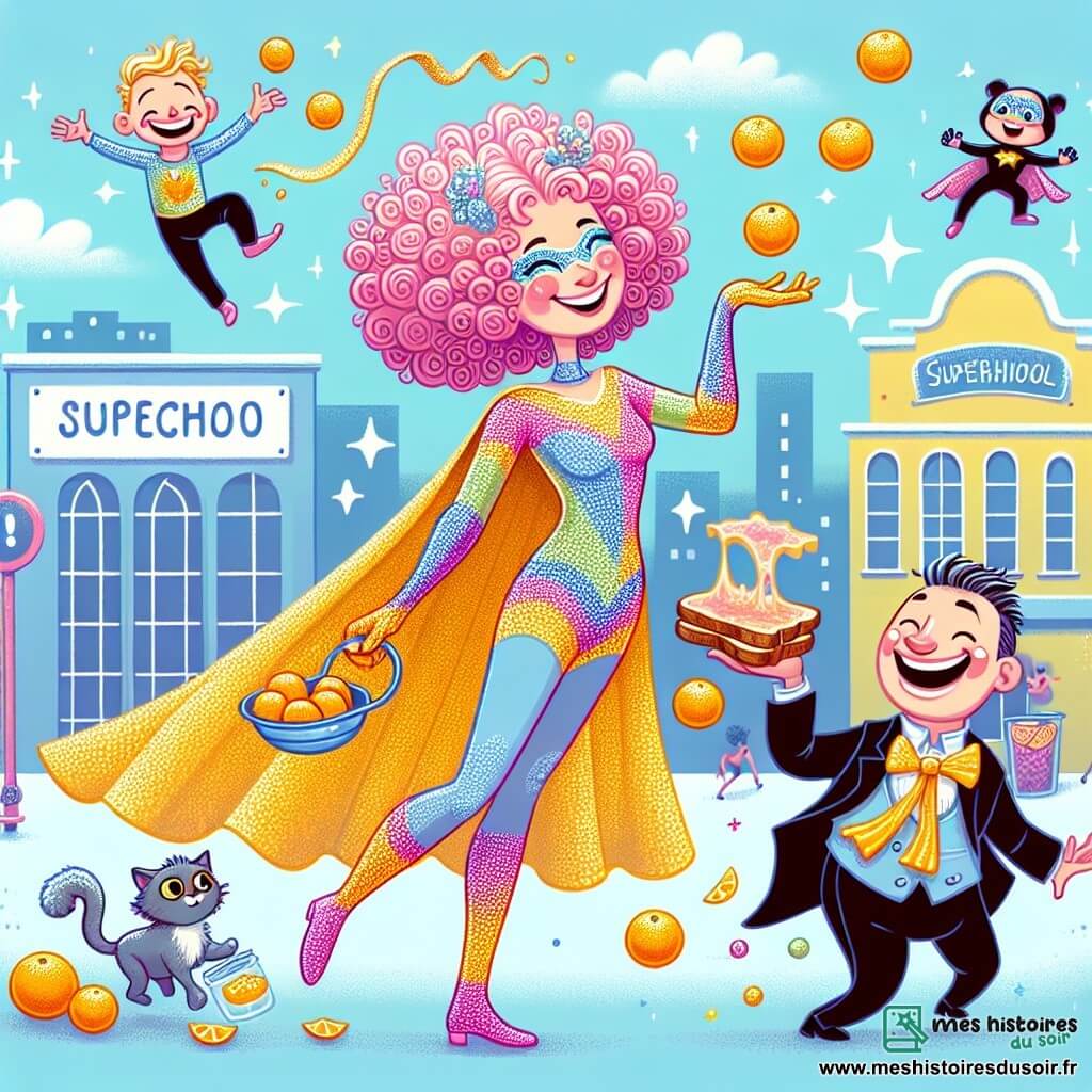 Une illustration sous forme de dessin destinée aux enfants représentant une école colorée de super-héros avec des murs peints en bleu et des nuages flottants, où une jeune femme aux cheveux bouclés et roses, vêtue d'un costume brillant et d'une cape scintillante, jongle joyeusement avec des oranges tout en riant, entourée de son ami un petit chat noir aux yeux pétillants qui s'amuse à courir en rond, tandis qu'un vilain flou, un homme avec une cape en papier toilette, se tient à côté d'eux, riant de la situation comique où une tartine de confiture atterrit sur la tête de la super-héroïne.