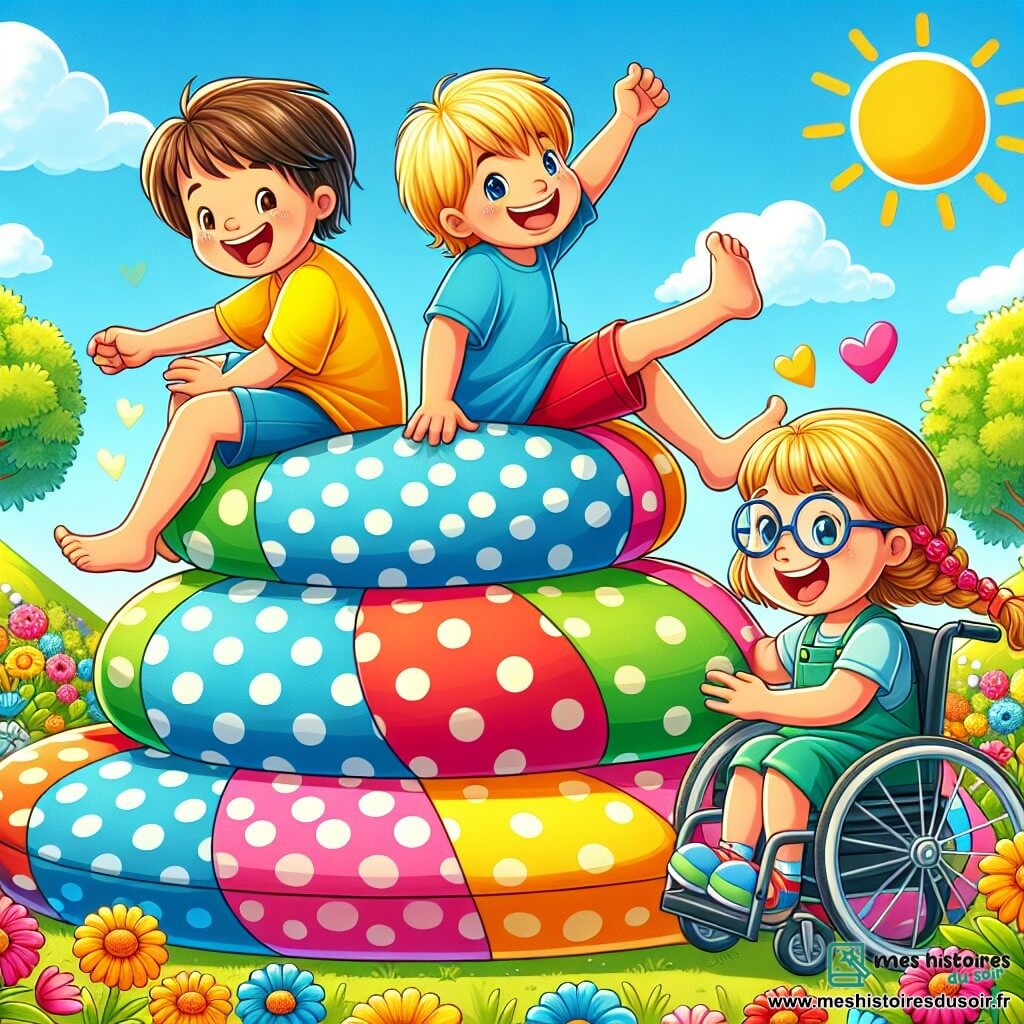 Illustration d'un jardin ensoleillé, rempli de fleurs colorées et d'arbres verdoyants. Au centre, une grande montagne de coussins multicolores, empilés de manière amusante. Trois enfants jouent : un garçon de 8 ans aux cheveux bruns en bataille, portant un t-shirt jaune et un short bleu, rit en glissant sur les coussins. À côté, un garçon de 7 ans avec des cheveux blonds et des lunettes, vêtu d'un t-shirt rouge et d'un pantalon court, pousse un gros coussin rose avec enthousiasme. Enfin, une fille de 9 ans, aux cheveux châtains en queue de cheval, souriante, est en fauteuil roulant, attendant en bas de la montagne. La scène montre les deux garçons glissant joyeusement, tandis que la fille rit et les encourage. Des éclats de rire flottent dans l'air sous un soleil brillant, créant une ambiance joyeuse. Des oiseaux colorés volent autour, ajoutant une touche de magie à ce moment de camaraderie.