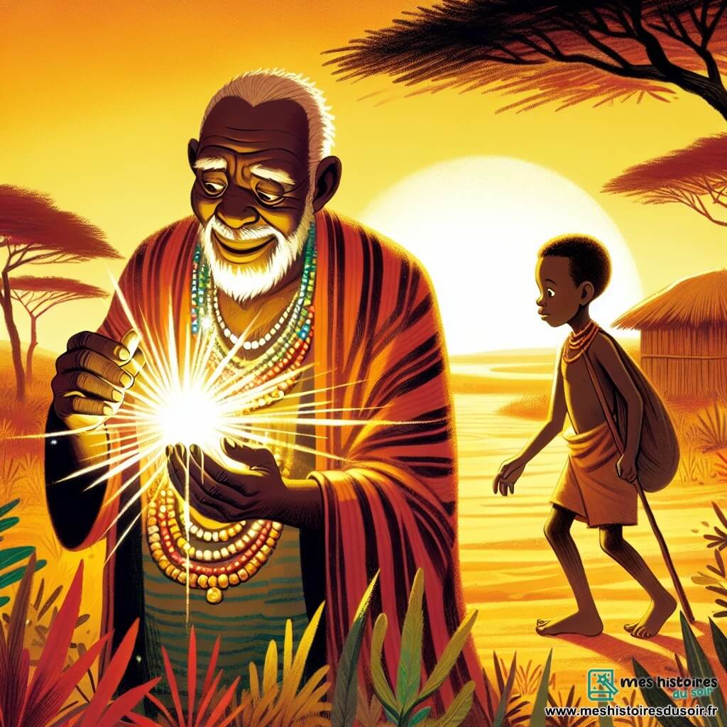Une illustration destinée aux enfants représentant un homme sage et généreux découvrant un collier magique brillant parmi les buissons dans un village africain nommé Kwetu, entouré d'un jeune garçon berger solitaire, au bord de la savane baignée par la lumière dorée du soleil couchant.