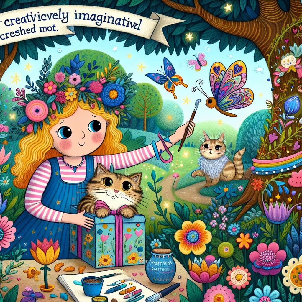 Une illustration destinée aux enfants représentant une fillette pleine d'imagination, préparant un cadeau magique pour sa maman chérie, avec l'aide de son fidèle chat Pacha, dans un jardin enchanté rempli de fleurs multicolores, d'arbres parlants et de papillons géants.