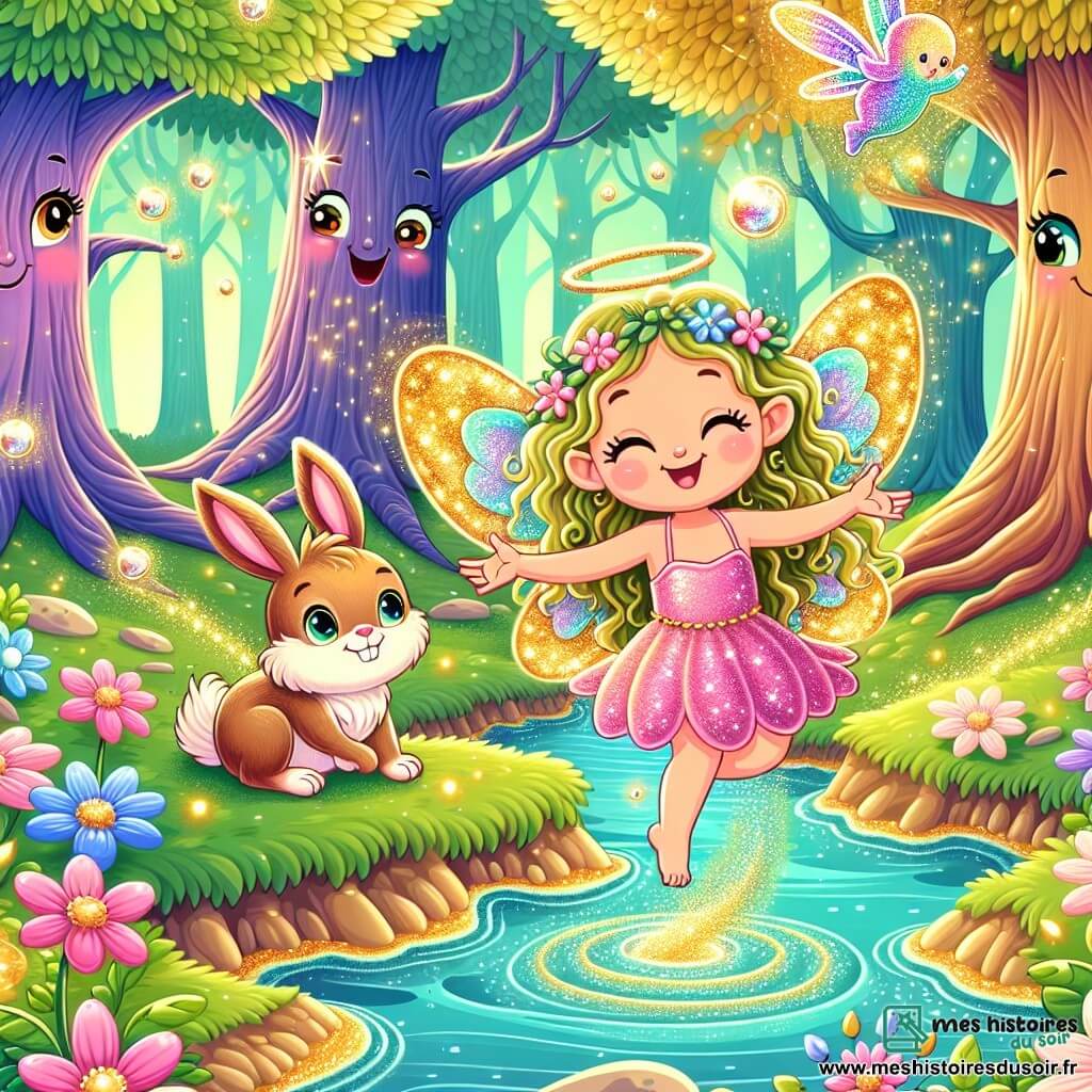 Une illustration sous forme de dessin destinée aux enfants représentant une forêt enchantée aux arbres bavards aux troncs colorés et aux feuilles scintillantes, où une petite fée aux ailes irisées et pétillantes, avec des cheveux bouclés et un sourire malicieux, plonge joyeusement dans un lac aux eaux miroitantes, tandis qu'un lapin enchanté aux grandes oreilles tombantes et au pelage doux observe avec des yeux brillants d'espoir, capturant l'instant où la fée s'apprête à récupérer le rire perdu du lapin, entourée de fleurs éclatantes et de bulles dorées flottant dans l'air.