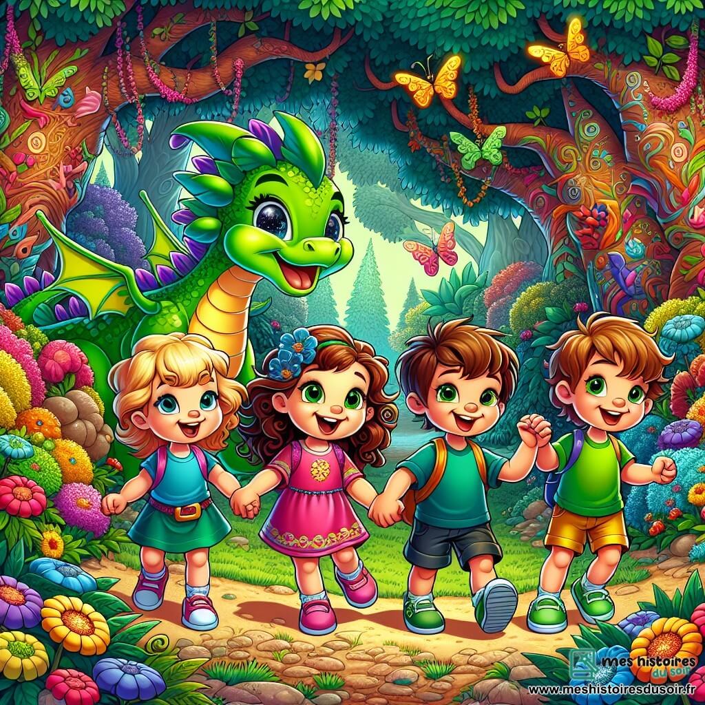 Une illustration sous forme de dessin destinée aux enfants représentant une forêt enchantée, avec des arbres aux feuilles vibrantes et des fleurs colorées, où un groupe de quatre enfants de cinq ans (deux filles aux cheveux bouclés, l'une en robe rose et l'autre en t-shirt bleu, et deux garçons aux cheveux courts, l'un en short vert et l'autre en t-shirt jaune) se tiennent la main, souriant avec enthousiasme, tandis qu'un petit dragon vert aux écailles brillantes, avec de grands yeux pétillants, les regarde avec espoir, alors qu'ils s'apprêtent à partir à l'aventure pour retrouver une pierre magique perdue.
