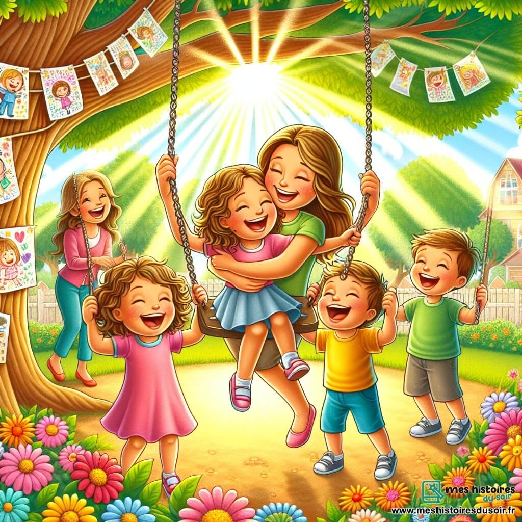 Illustration destinée aux enfants représentant un parc ensoleillé, rempli de fleurs colorées et d'arbres majestueux, où des rayons de lumière filtrent à travers les feuilles. Au centre, un groupe d'enfants de cinq ans, composé de deux filles aux cheveux bouclés et bruns, l'une portant une robe rose et l'autre un t-shirt jaune, ainsi qu'un garçon aux cheveux blonds courts en t-shirt bleu, jouent ensemble sur des balançoires, riant et se poussant joyeusement. En arrière-plan, une maman souriante, avec des cheveux longs et lisses, observe tendrement, tandis qu'un papa, avec une barbe légère et un pull vert, s'approche avec un grand sourire. La scène capture un moment de bonheur partagé, symbolisant l'amour et le soutien familial malgré les changements, avec des dessins colorés accrochés à un arbre, représentant les émotions des enfants.