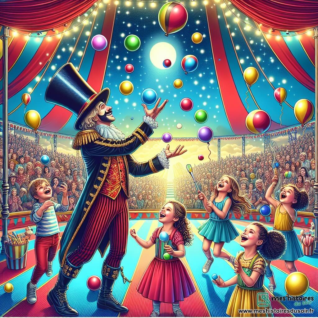 Illustration d'un cirque coloré sous un grand chapiteau rayé de rouge et de jaune, avec des lumières scintillantes et des ballons dans le ciel bleu. Au centre, un jongleur d'une trentaine d'années, portant un grand chapeau noir et une veste brillante, jongle avec des balles multicolores. À ses côtés, trois petites filles, deux de 7 ans aux cheveux bouclés (une brune et une blonde) et une de 6 ans avec des tresses noires, rient. L'une d'elles a lancé une balle qui tombe sur le nez de l'autre, créant une scène amusante. En arrière-plan, des spectateurs émerveillés applaudissent, et des animaux de cirque comme un éléphant et un lion ajoutent une touche de magie à l'atmosphère joyeuse.