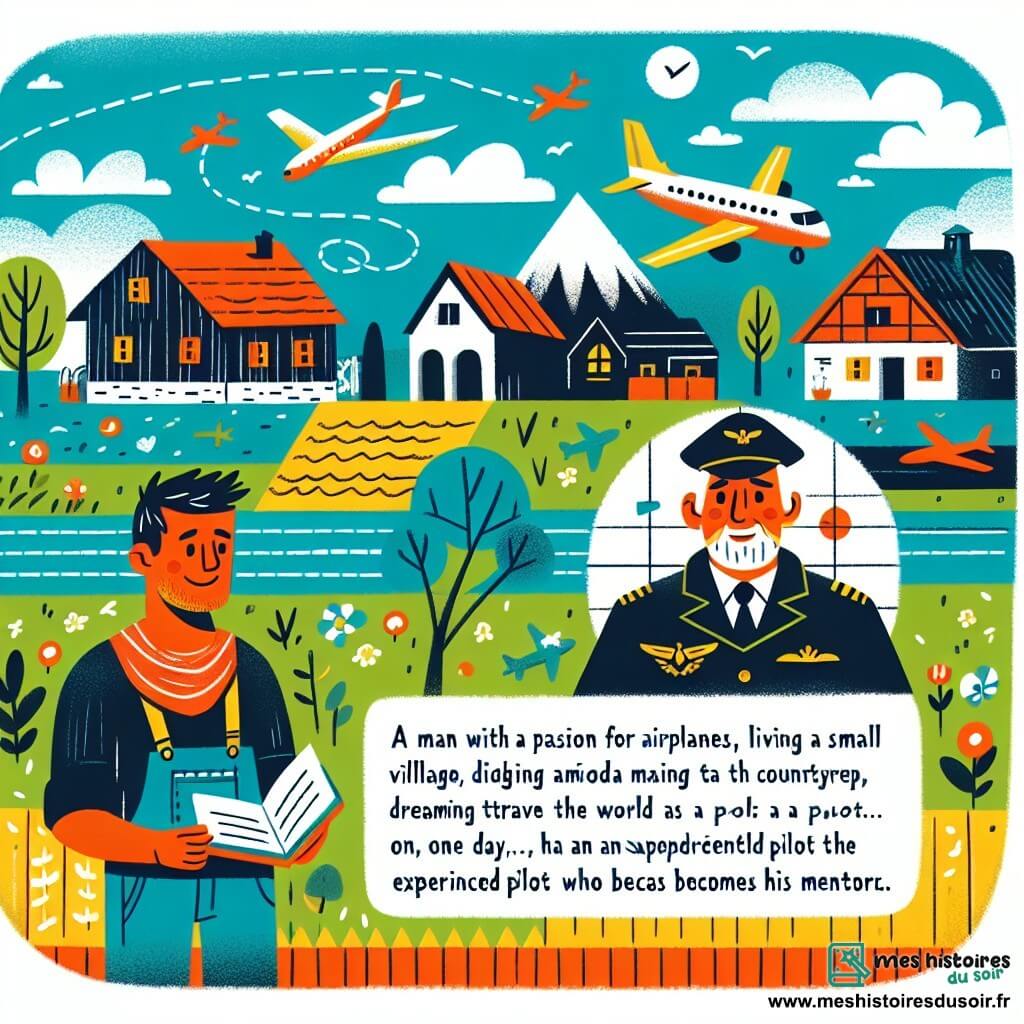 Une illustration destinée aux enfants représentant un homme passionné par les avions, vivant dans un petit village au milieu de la campagne, et rêvant de parcourir le monde en tant que pilote, avec la rencontre inattendue d'un pilote expérimenté qui devient son mentor.