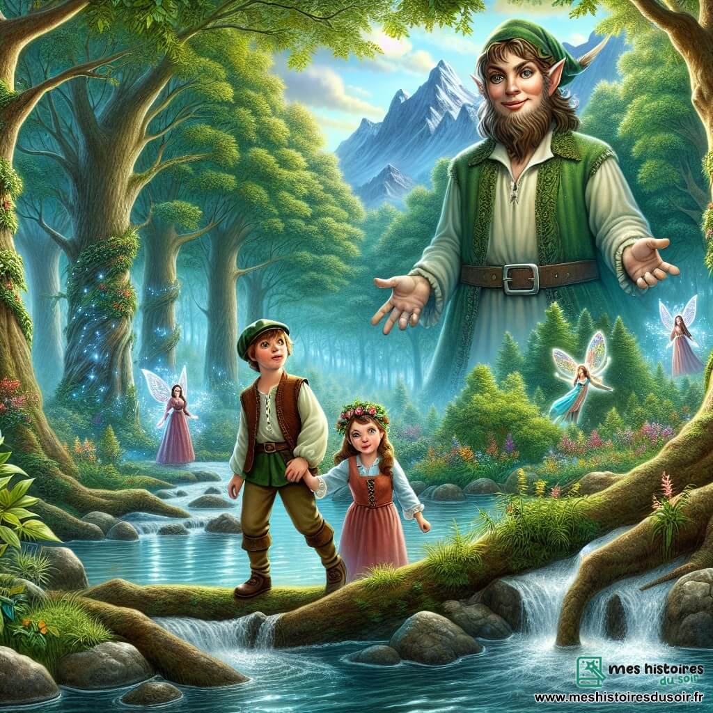 Une illustration destinée aux enfants représentant un géant bienveillant, un garçon curieux et une fée solitaire, dans une forêt enchantée aux arbres majestueux et aux rivières scintillantes.