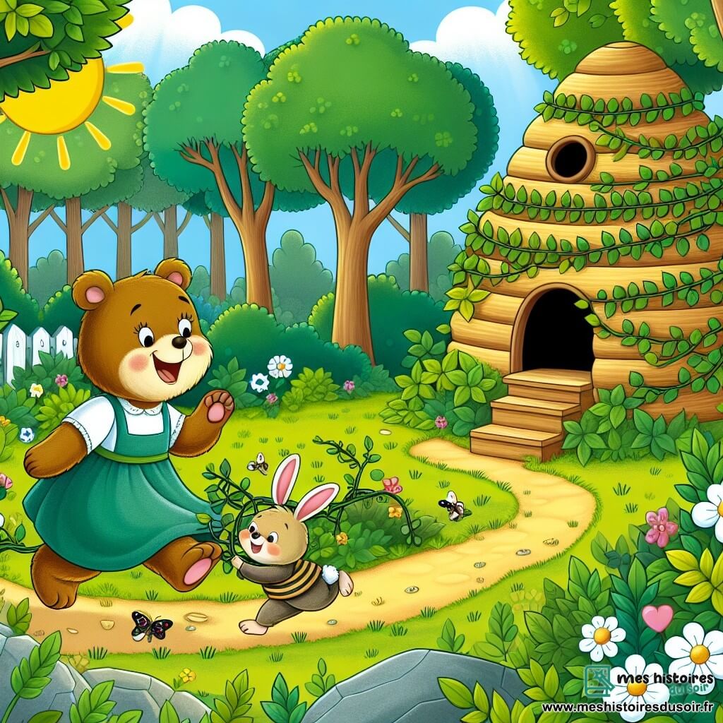 Une illustration destinée aux enfants représentant une ourse joyeuse se rendant à une maison en forme de ruche abandonnée, où elle rencontre un petit lapin garçon tout emmêlé dans une liane, dans une clairière ensoleillée de la forêt verdoyante.
