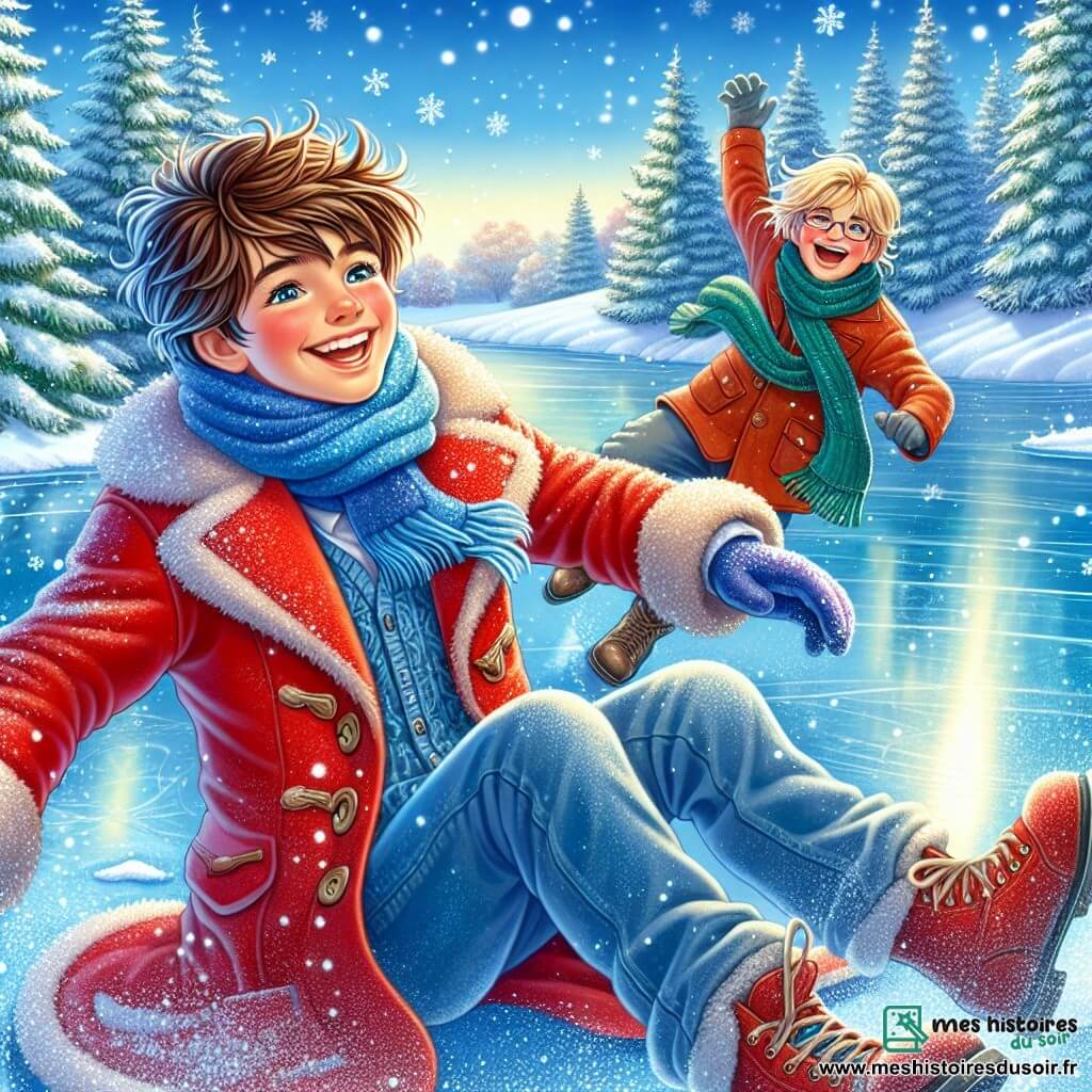 Illustration destinée aux enfants représentant un étang gelé scintillant sous un ciel bleu clair, entouré de sapins recouverts de neige. Au premier plan, un garçon de 11 ans aux cheveux bruns ébouriffés, vêtu d'un manteau rouge vif et d'une écharpe bleue, glisse joyeusement sur la glace, un grand sourire illuminant son visage. À ses côtés, un autre garçon de 11 ans, avec des cheveux blonds et des lunettes, rit en lançant une boule de neige, ses joues roses de froid et d'excitation. L'atmosphère est pleine de joie et de camaraderie, avec des flocons de neige tombant doucement autour d'eux, créant une scène hivernale magique et animée.