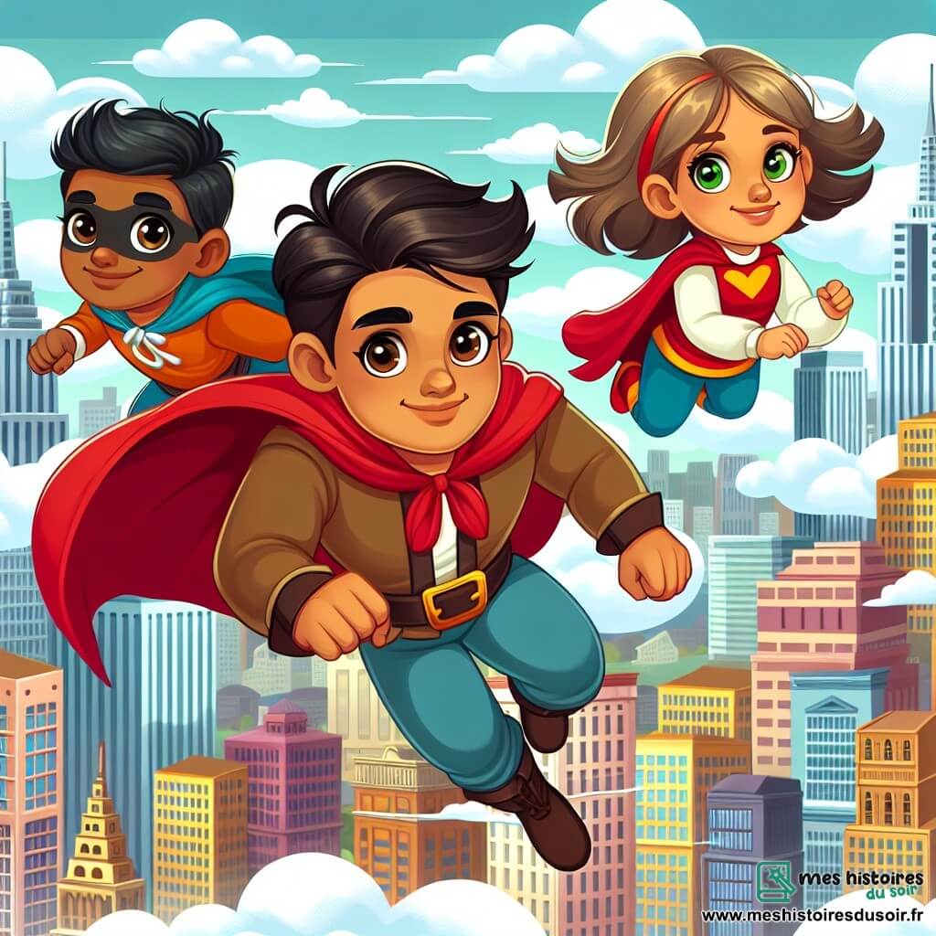 Une illustration destinée aux enfants représentant un homme courageux vêtu d'une cape rouge, volant dans les cieux, accompagné de ses fidèles amis, une fille aux cheveux blonds et aux yeux verts, et un garçon aux cheveux bruns et aux yeux bleus, dans une ville animée avec des gratte-ciels colorés et des nuages ​​fluffy.