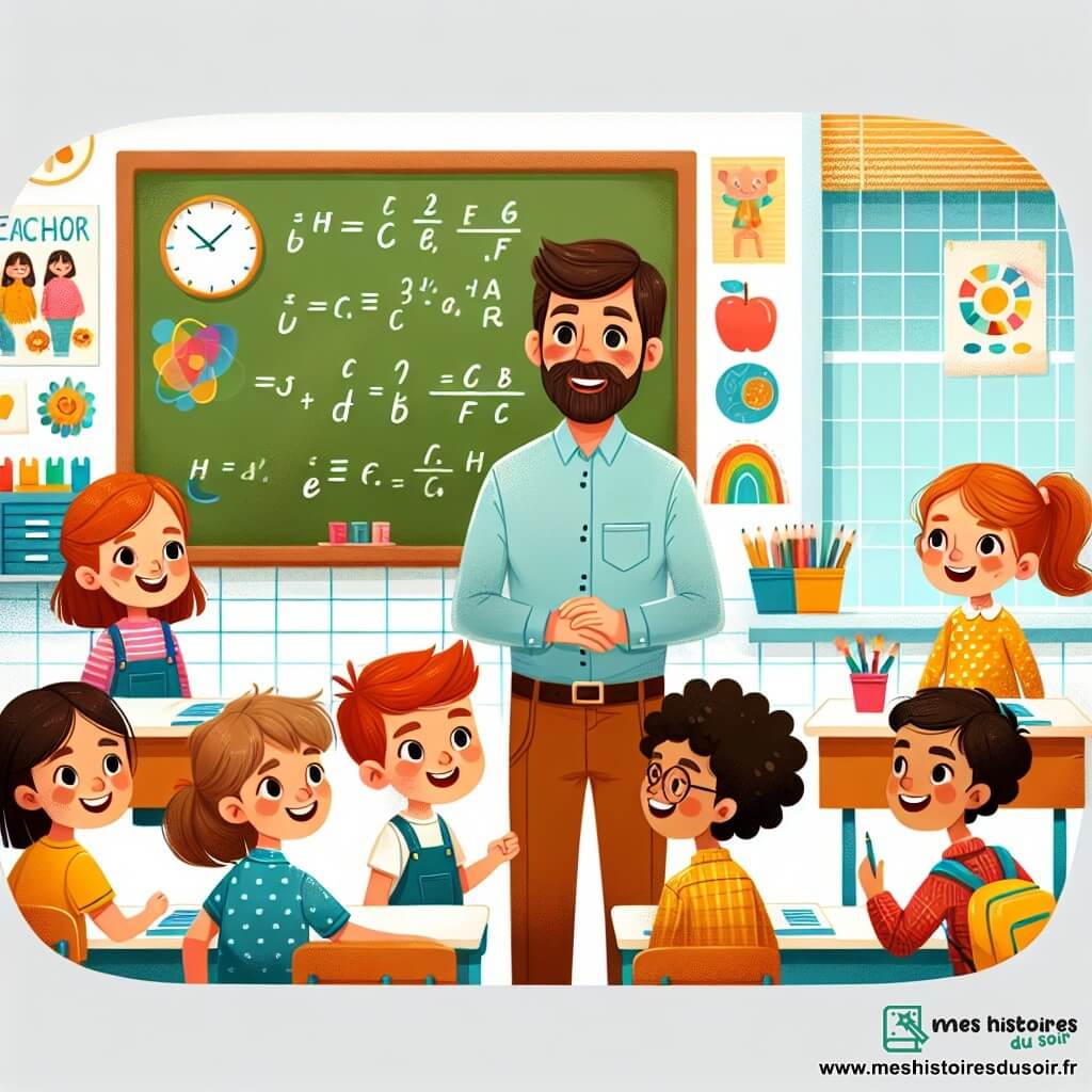 Une illustration destinée aux enfants représentant un instituteur souriant et passionné, accompagné de ses élèves, dans une salle de classe colorée et chaleureuse.