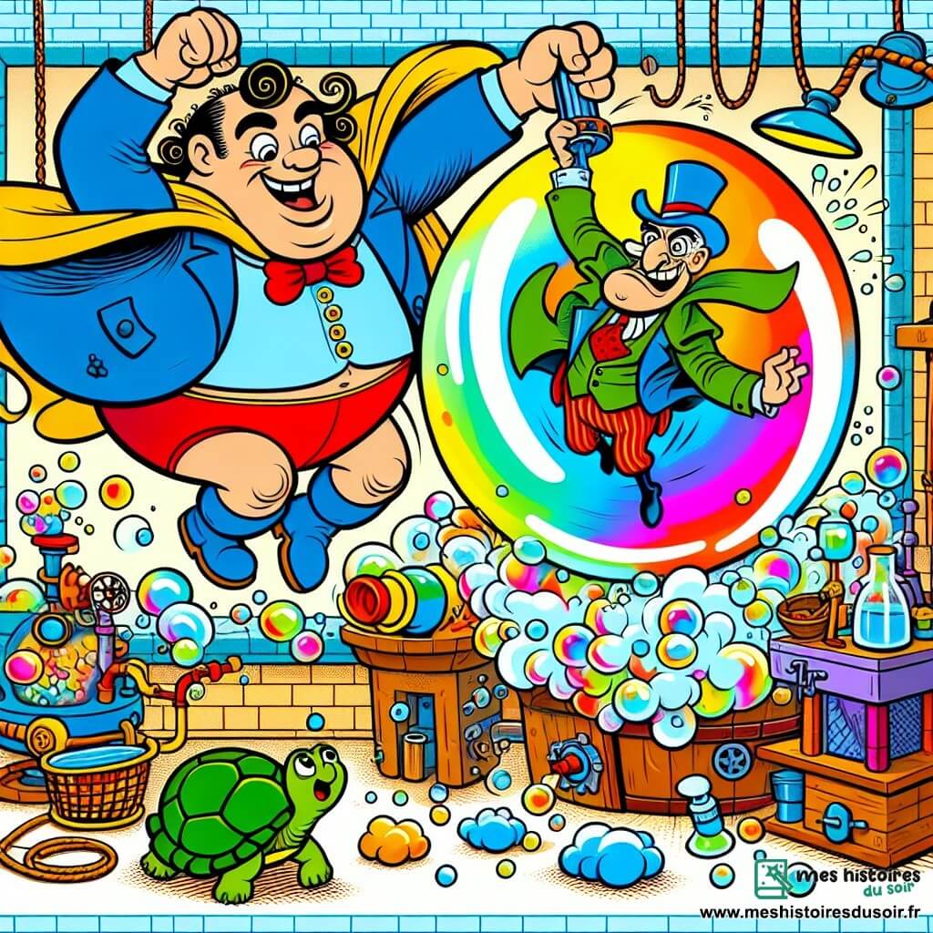 Une illustration sous forme de dessin destinée aux enfants représentant une scène colorée dans un atelier farfelu, avec un homme en costume bleu et slip rouge, portant une cape jaune, riant tout en sautant pour éclater une bulle géante qui emporte un vilain maladroit, un homme au chapeau trop grand et au visage comique, tandis qu'une petite tortue verte, avec une expression curieuse, les regarde depuis le sol, entourés de machines à bulles et d'éléments ludiques comme des éclats de savon et des couleurs vives.