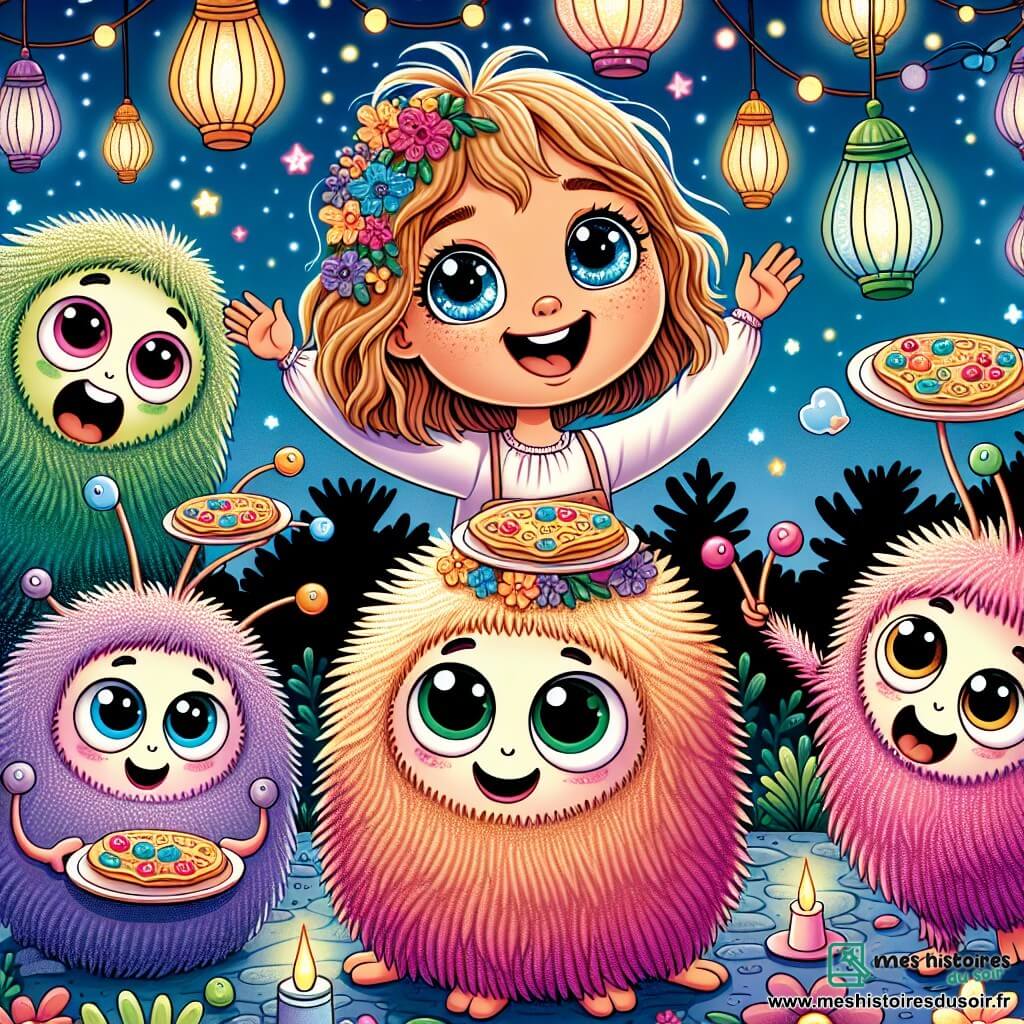 Une illustration sous forme de dessin destinée aux enfants représentant un jardin lumineux de Lumiville, avec une petite fille de 7 ans aux cheveux bouclés couleur caramel et aux yeux pétillants, en train de rire et de danser avec des extraterrestres ronds et colorés, ayant des pelages doux et des yeux gigantesques, alors qu'ils préparent ensemble des crêpes sous un ciel étoilé, créant une ambiance joyeuse et magique, remplie de lanternes colorées et de fleurs chantantes.