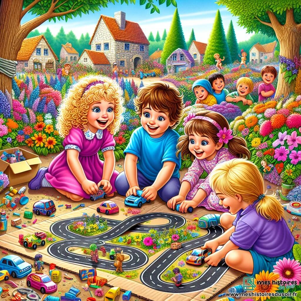 Illustration destinée aux enfants représentant un grand jardin coloré, rempli de fleurs éclatantes de toutes les couleurs, avec des arbres majestueux et une piste de course en carton dessinée au sol. Au centre de l'image, un groupe de quatre enfants de cinq ans, deux filles aux cheveux bouclés et blonds, l'une portant une robe rose et l'autre un t-shirt violet, ainsi qu'un garçon aux cheveux bruns et un t-shirt bleu, et une autre fille avec des couettes et une jupe à fleurs, s'affairent autour d'une petite voiture en plastique, riant et souriant, tandis que des enfants du village, curieux, les regardent avec admiration. L'atmosphère est joyeuse et pleine d'énergie, illustrant l'esprit d'invention et d'égalité, avec des jouets et des matériaux éparpillés autour d'eux, symbolisant leur créativité et leur amitié.