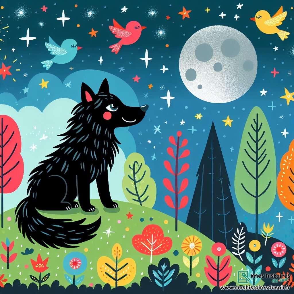 Une illustration sous forme de dessin destinée aux enfants représentant une forêt enchantée aux couleurs vives, avec un loup au pelage noir comme la nuit, aux yeux brillants comme des étoiles, assis sur une colline scintillante, regardant émerveillé la Lune d'Argent qui illumine le ciel étoilé, tandis que des oiseaux colorés volent autour de lui, créant une atmosphère magique et paisible, symbolisant l'amitié et le courage.