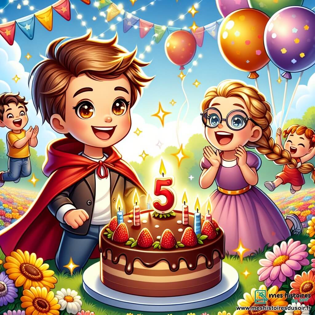 Une illustration sous forme de dessin destinée aux enfants représentant un parc ensoleillé, rempli de fleurs colorées et de ballons flottants, où un garçon de 5 ans aux cheveux bruns et aux yeux pétillants, vêtu d'une cape rouge, souffle joyeusement sur des bougies d'un grand gâteau au chocolat entouré de ses amis, dont une fille aux cheveux blonds en tresse qui rit en tenant un ballon en forme de chien et un garçon aux lunettes qui applaudit avec enthousiasme, capturant l'esprit d'une fête d'anniversaire pleine de joie et d'amitié.