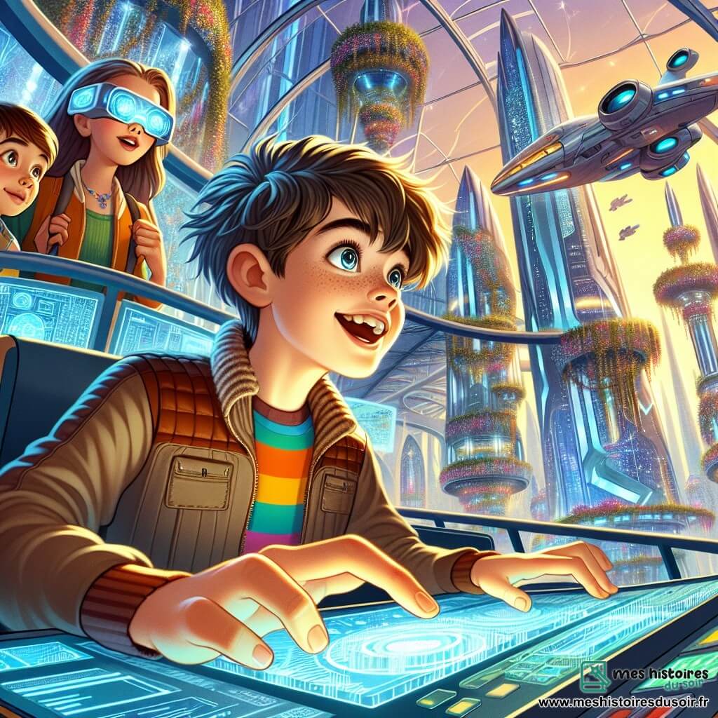 Une illustration sous forme de dessin destinée aux enfants représentant une ville futuriste vibrante, avec des immeubles en verre scintillants et des jardins suspendus, où un garçon de 11 ans aux cheveux en bataille et aux yeux pétillants, concentré et enthousiaste, est assis devant un tableau de contrôle d'un vaisseau volant, tandis qu'une fille aux lunettes de réalité augmentée et un garçon aux cheveux bruns l'observent avec admiration, tous trois en train de découvrir ensemble les merveilles de la technologie et de l'aventure qui les attendent.