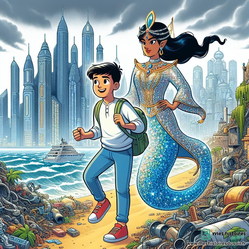 Une illustration destinée aux enfants représentant un jeune garçon courageux évoluant dans une ville futuriste polluée, accompagné d'un génie féminin aux vêtements scintillants, dans un décor de buildings étincelants et de technologies avancées.