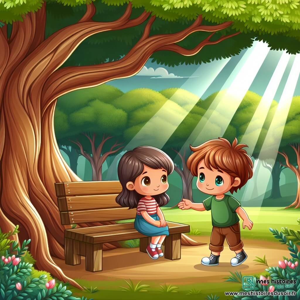 Une illustration destinée aux enfants représentant un garçon aux cheveux bruns et aux yeux pétillants, faisant la rencontre d'une fille timide mais curieuse, sur un banc en bois sous un arbre majestueux, dans un parc verdoyant baigné de douce lumière de fin d'après-midi.