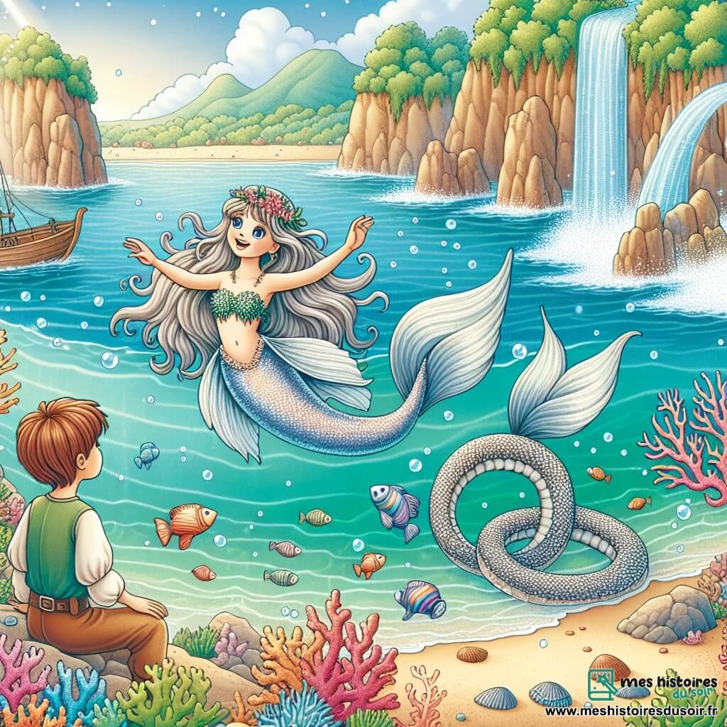 Une illustration sous forme de dessin destinée aux enfants représentant une crique enchantée aux eaux cristallines, entourée de falaises verdoyantes et de coraux colorés, où une sirène aux longs cheveux ondulés d'argent et à la queue scintillante danse joyeusement dans l'eau, tandis qu'une petite fille aux cheveux châtains et aux yeux pétillants observe émerveillée depuis le bord de la plage, et un serpent majestueux aux écailles argentées s'approche doucement, formant une scène magique de découverte et d'amitié entre le monde marin et terrestre.