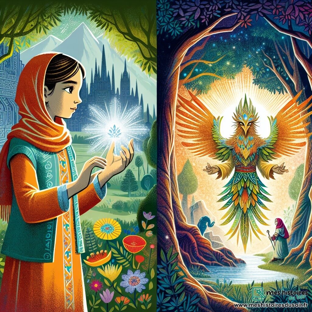 Une illustration destinée aux enfants représentant une jeune femme dotée d'un don extraordinaire, affrontant des épreuves aux côtés du Gardien de la Forêt, dans une clairière sacrée au cœur d'une forêt mystérieuse et enchantée.