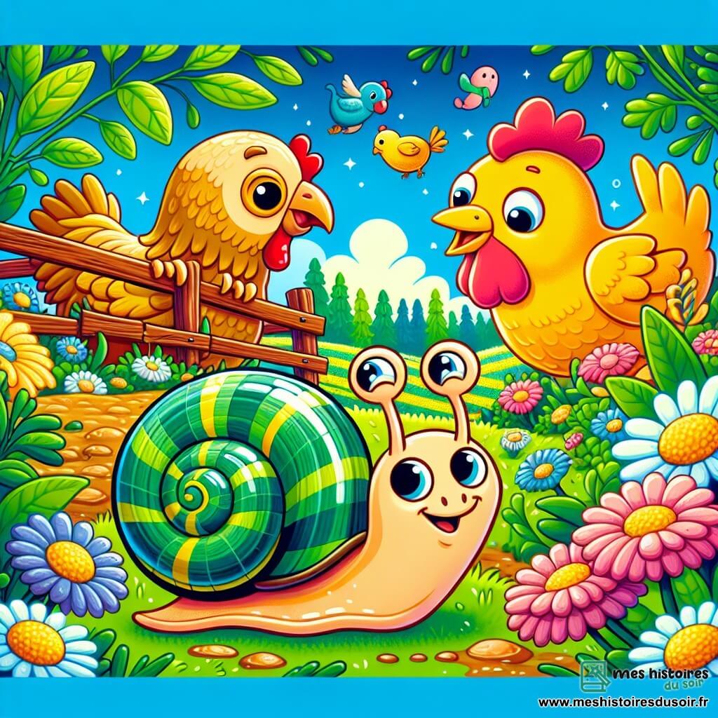 Une illustration sous forme de dessin destinée aux enfants représentant une ferme colorée sous un ciel bleu éclatant, où un escargot à la coquille rayée de vert et de jaune glisse avec malice sur une prairie verdoyante, tandis qu'une poule aux plumes dorées picore le sol à côté d'un cochon rose et joufflu qui roule joyeusement dans la boue, tous deux riant de l'escargot qui participe à une chasse au trésor amusante, entourés de fleurs éclatantes et d'un décor de nature joyeuse.