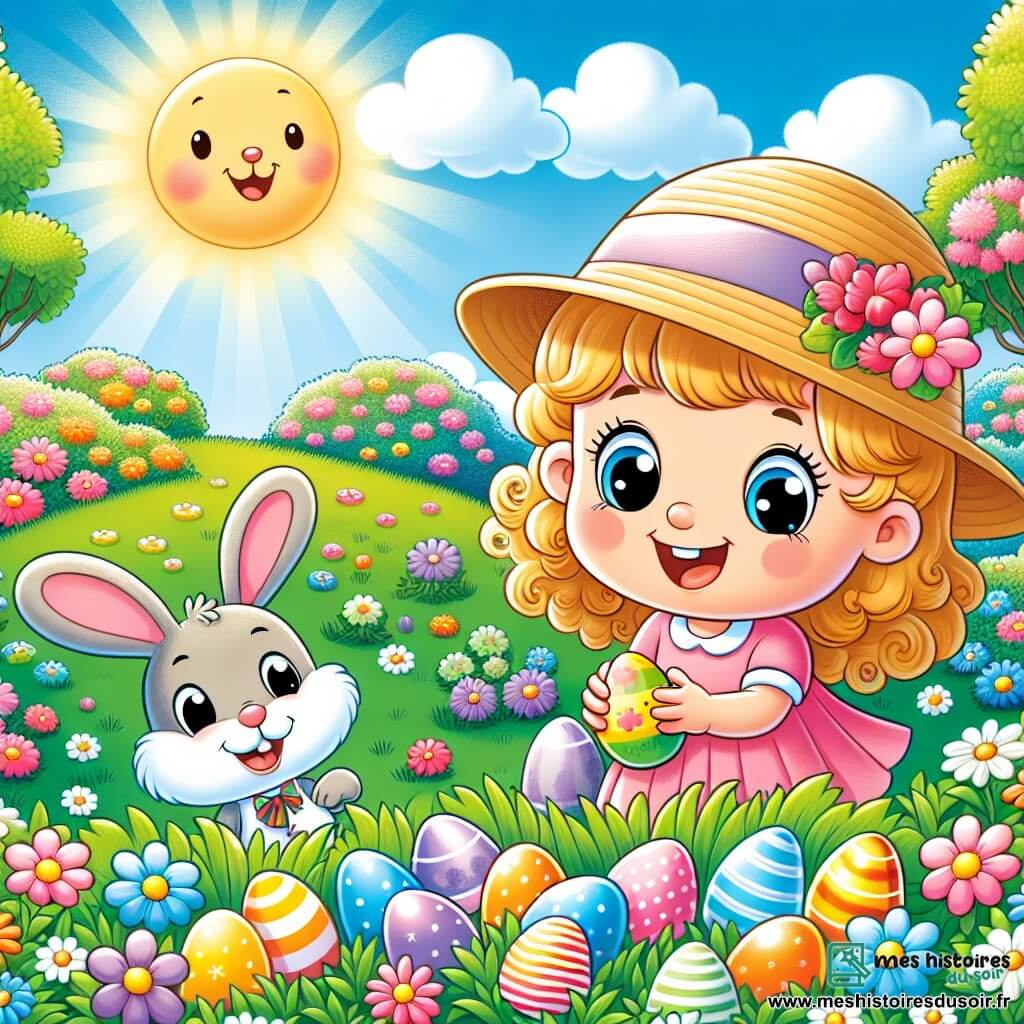 Une illustration sous forme de dessin destinée aux enfants représentant un jardin ensoleillé rempli de fleurs colorées, avec une petite fille de 3 ans aux cheveux bouclés et blonds, portant une robe rose, qui sourit en cherchant des œufs de Pâques cachés dans l'herbe, tandis qu'un petit lapin aux grandes oreilles, portant un chapeau en paille et une cravate colorée, l'observe joyeusement, entourés d'œufs multicolores brillants et d'un ciel bleu parsemé de nuages blancs duveteux.