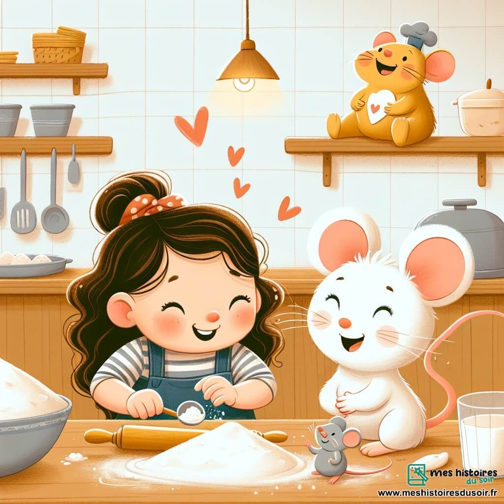 Une illustration destinée aux enfants représentant une petite fille aux boucles brunes, préparant une surprise pour sa maman, aidée par une maman souriante, dans une cuisine lumineuse remplie de farine et d'amour.