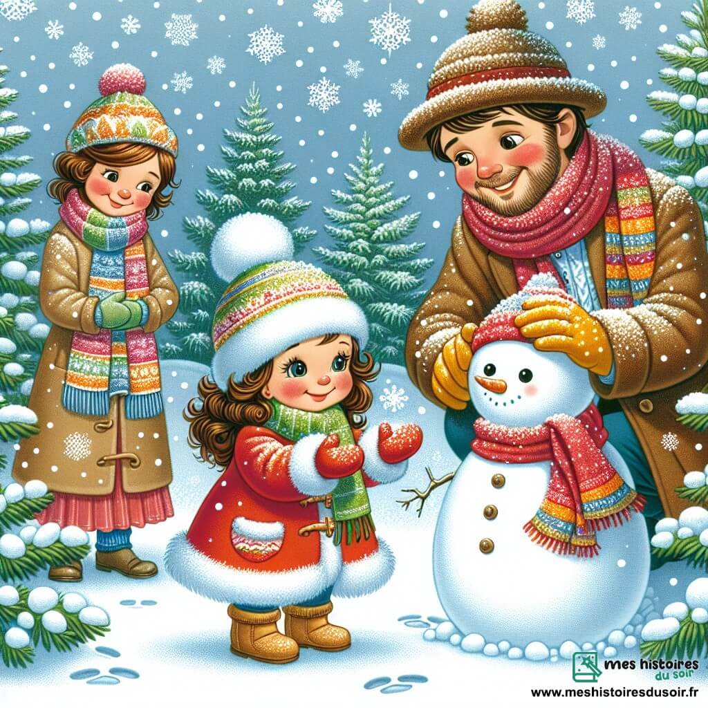 Illustration destinée aux enfants représentant un paysage hivernal féérique, avec des flocons de neige tombant doucement sur un jardin rempli de sapins verts, leurs branches chargées de neige scintillante. Au premier plan, une petite fille de 2 ans, avec des joues roses et des cheveux bouclés, porte un manteau rouge vif et des gants jaunes, riant joyeusement en touchant la neige. À côté d'elle, un papa souriant, avec une barbe brune et un bonnet en laine, l'encourage à construire un bonhomme de neige, tandis qu'une maman aux cheveux châtains, vêtue d'une écharpe colorée, les observe avec tendresse. La scène est remplie de magie hivernale, avec des empreintes de pas dans la neige et un bonhomme de neige en cours de construction, avec un nez en carotte et des yeux en charbon.