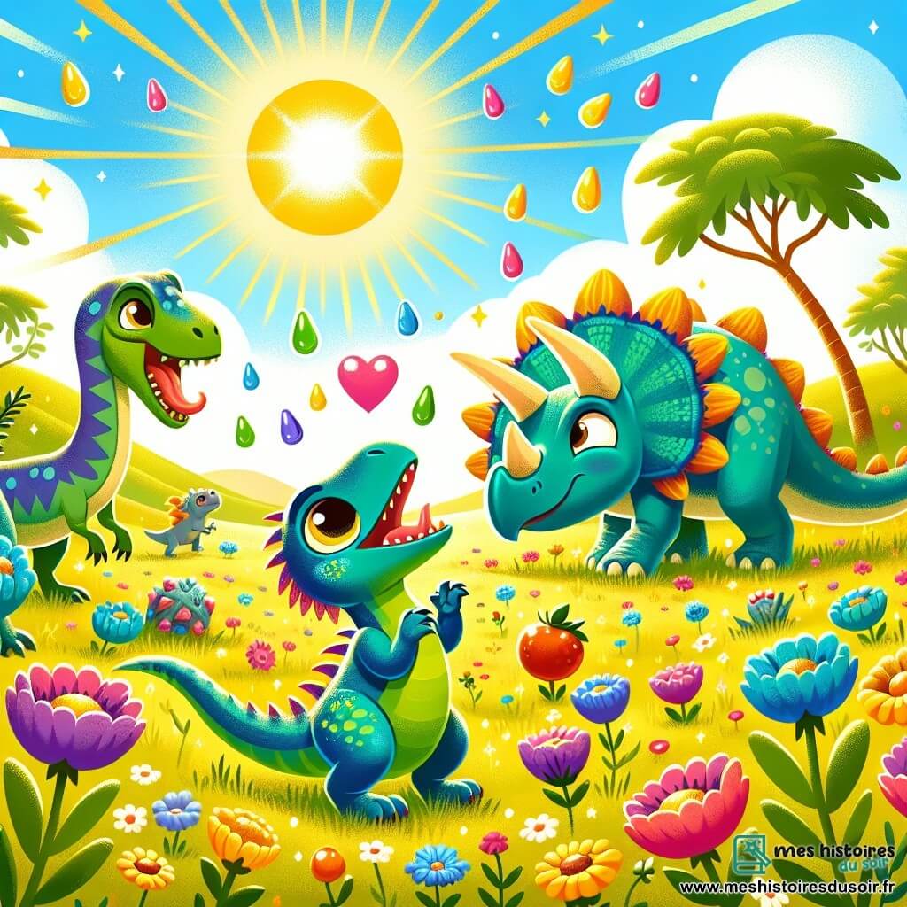 Une illustration sous forme de dessin destinée aux enfants représentant une vaste plaine ensoleillée, parsemée de fleurs colorées, où un vélociraptor aux plumes éclatantes de vert et de bleu, joyeux et curieux, se tient au centre, entouré de plusieurs dinosaures, dont un tricératops imposant et un petit ankylosaure, tous émerveillés par une pluie de fruits juteux tombant du ciel, illustrant la magie d'un cœur scintillant qui exauce des vœux, tandis qu'une ambiance festive et amicale emplit l'air.