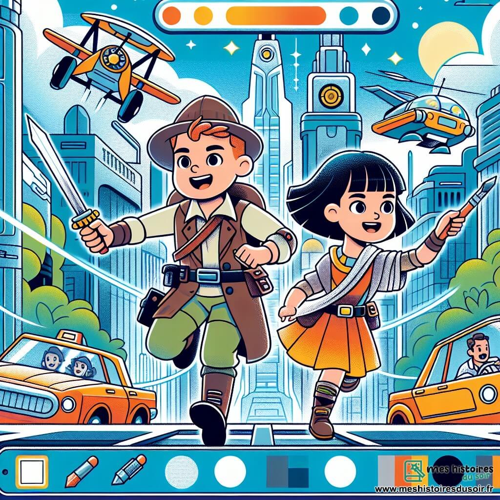 Une illustration destinée aux enfants représentant une jeune aventurière intrépide, accompagnée d'un scientifique passionné, explorant un monde futuriste rempli de voitures volantes et de bâtiments étincelants, à la recherche d'un mystérieux médaillon doré.
