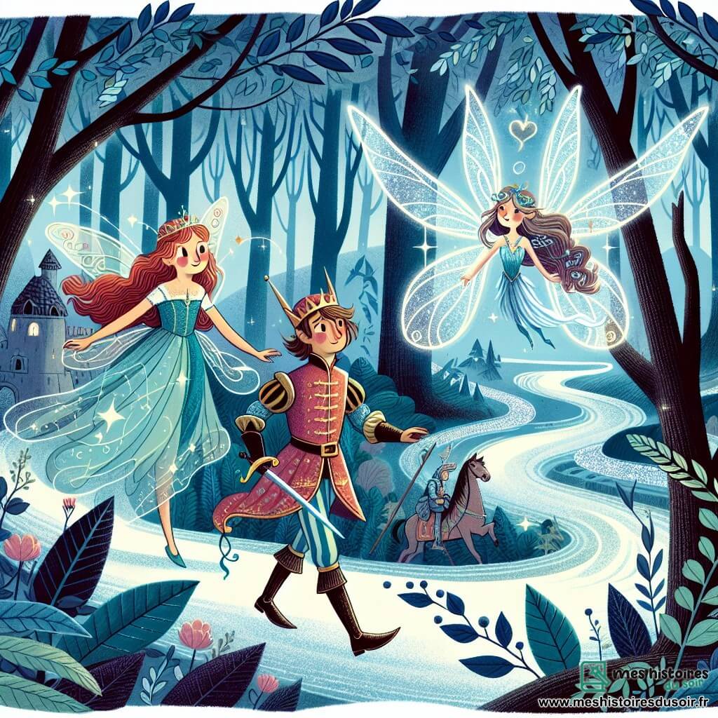 Une illustration destinée aux enfants représentant un prince courageux en quête de l'amour véritable, accompagné d'une fée mystérieuse aux ailes scintillantes, parcourant une Forêt Interdite aux arbres majestueux et aux chemins sinueux, dans un royaume lointain et mystérieux plongé dans un profond sommeil.