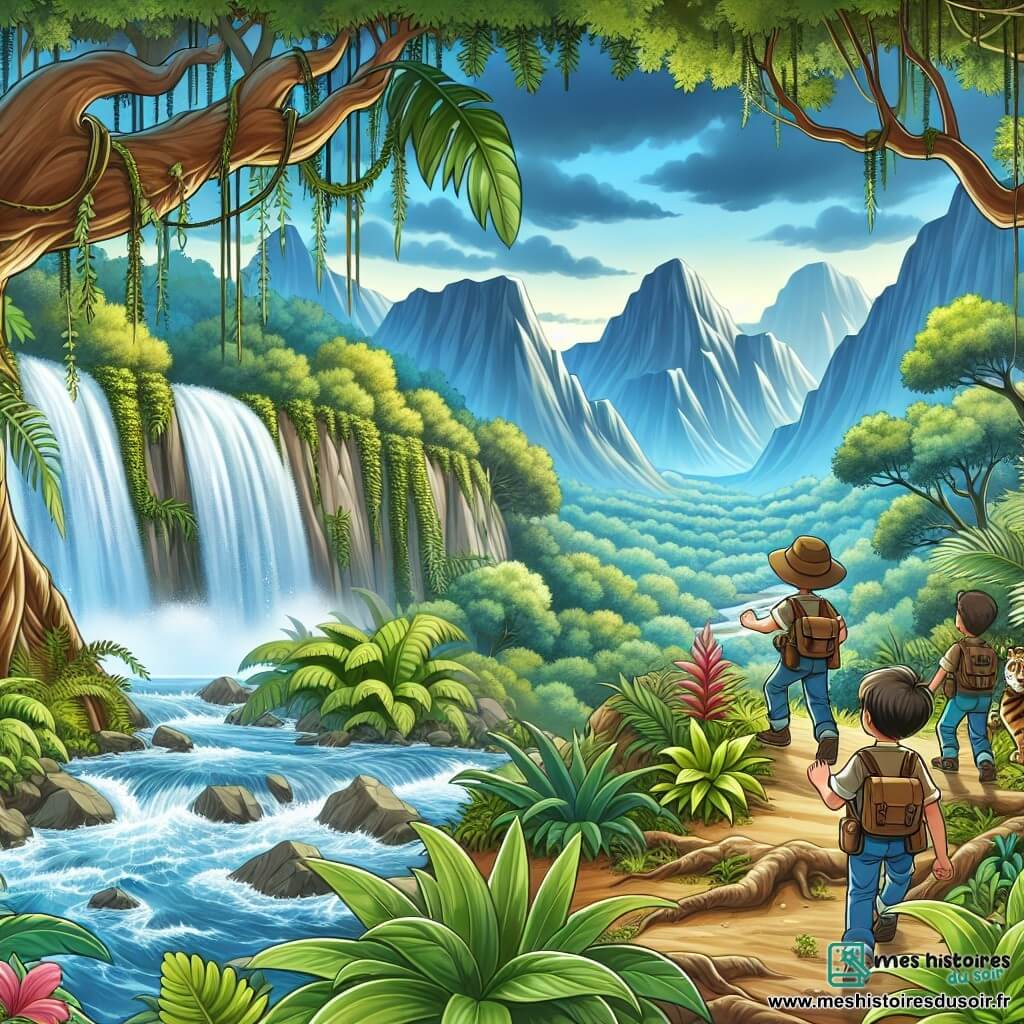Une illustration destinée aux enfants représentant un jeune garçon intrépide partant à la découverte d'une plante rare avec ses amis dans une forêt dense et mystérieuse, où des cascades rugissantes et des arbres majestueux les guident vers l'aventure.
