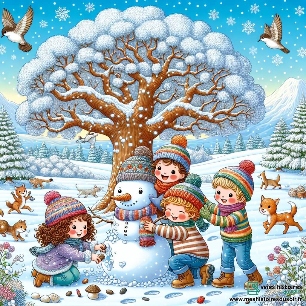 Illustration destinée aux enfants représentant un paysage hivernal féerique, où un grand chêne majestueux, recouvert de neige scintillante, se dresse au centre d'un jardin aux flocons dansants. Un groupe d'enfants de 9 ans, composé de deux filles aux cheveux bruns et bouclés, portant des bonnets colorés, et de deux garçons aux cheveux blonds, vêtus de pulls à rayures, s'affairent joyeusement à construire un bonhomme de neige. Les filles rient en ajoutant des cailloux pour les yeux, tandis que les garçons roulent des boules de neige, leurs joues rosies par le froid. En arrière-plan, des traces d'animaux dans la neige et des oiseaux migrateurs survolent le ciel bleu clair, ajoutant une touche de vie à cette scène hivernale pleine de magie et d'amitié.