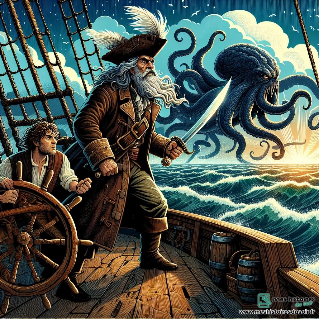 Illustration d'une scène épique sur le pont du vieux navire pirate, le Soleil d’Opale, naviguant sur des vagues tumultueuses. Le ciel bleu profond est parsemé de nuages blancs, et l'horizon scintille d'un éclat doré au coucher du soleil. Au centre, un homme au visage buriné et aux cheveux gris, portant une longue veste de capitaine en cuir usé et un tricorne orné de plumes, brandit une épée scintillante, son regard fixé sur une créature marine colossale émergeant des profondeurs. À ses côtés, un jeune homme musclé manie une hache, prêt à défendre son capitaine. Plus loin, une femme agile grimpe dans les gréements, concentrée sur la créature. La scène est tendue, avec des vagues éclaboussant le pont, des cris d'équipage en arrière-plan et des éclats de lumière sur l'eau, créant une atmosphère d'aventure et de courage, tandis que des drapeaux colorés flottent au vent.
