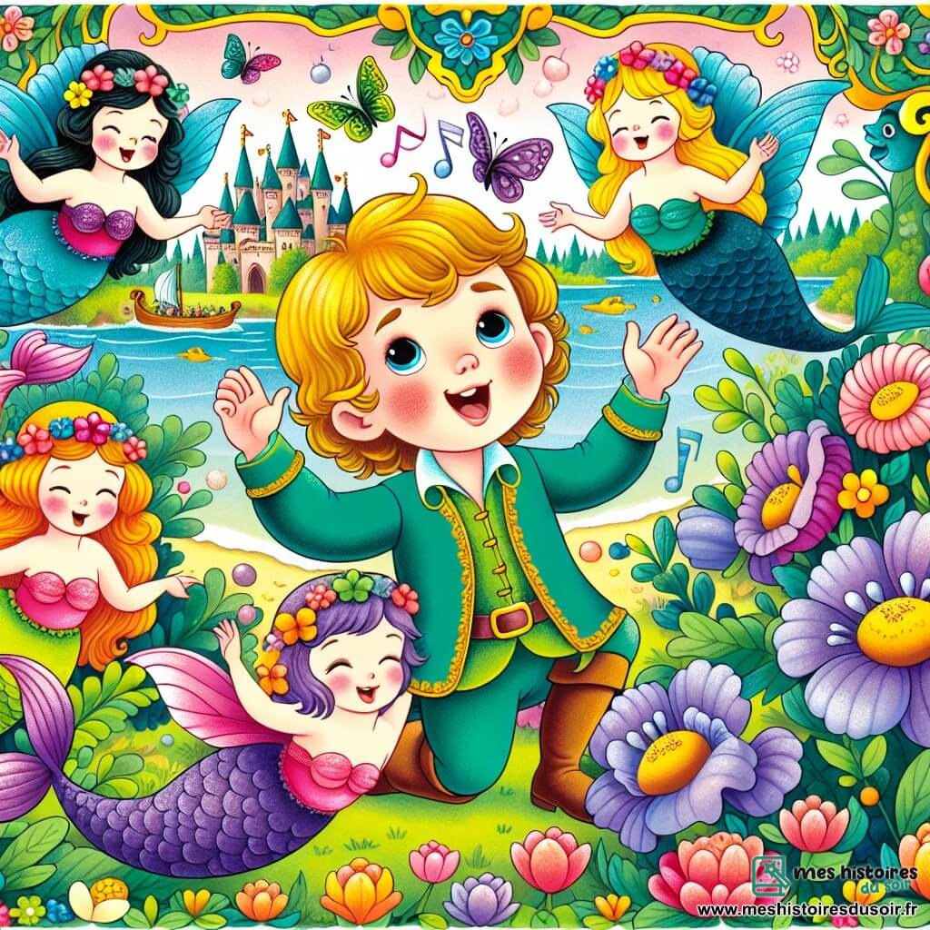 Une illustration destinée aux enfants représentant un jeune prince espiègle explorant un jardin magique enchanté en compagnie d'une famille de sirènes joyeuses et chantantes, entouré de fleurs multicolores et de papillons farfelus, dans un royaume lointain rempli de magie et de mystères.